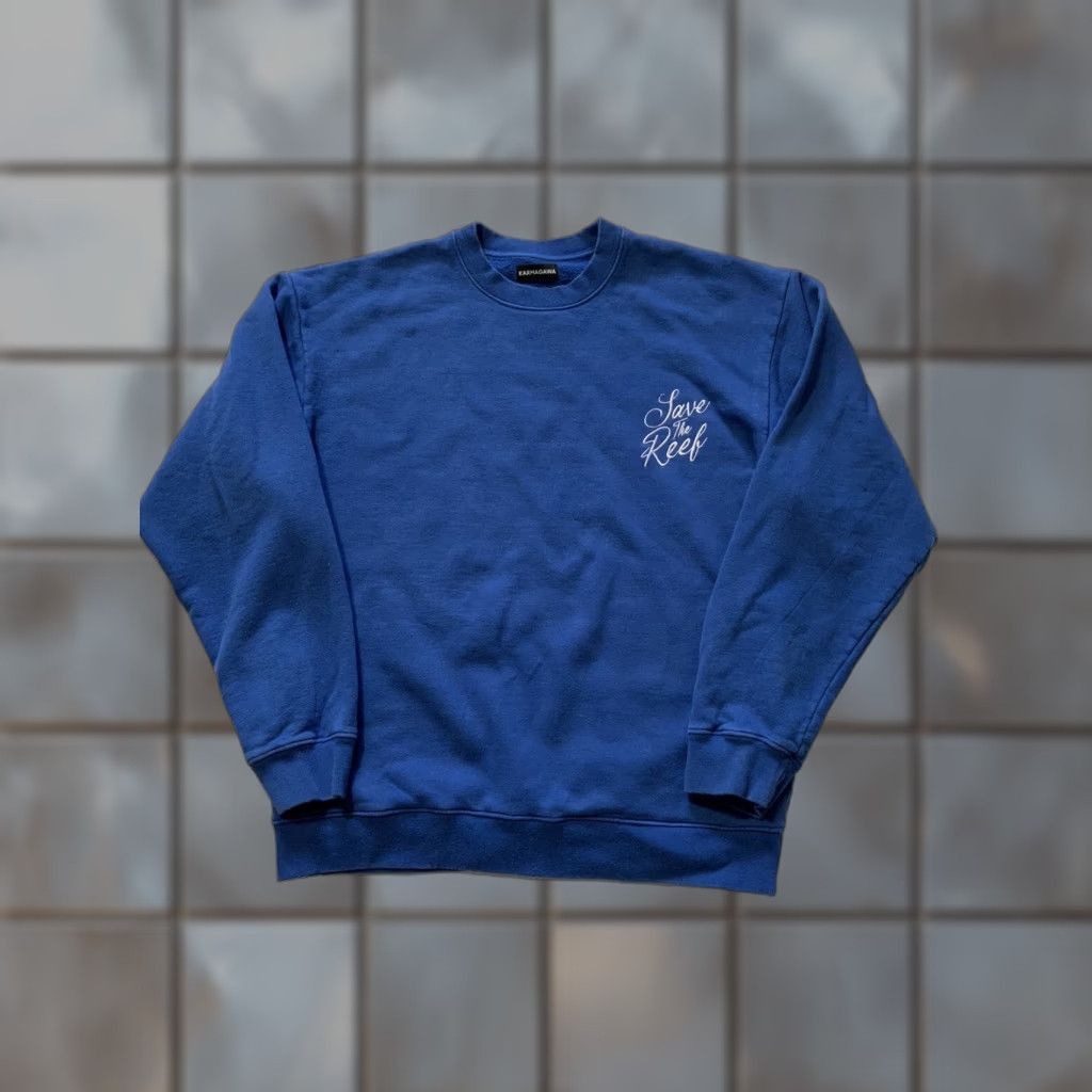 REEF VINTAGE Karmagawa Embroidered Save The Reef Blue Fleece Pullover Crewneck Sweatshirt XL Mens Size US XL / EU 56 / 4 - 1 Thumbnail