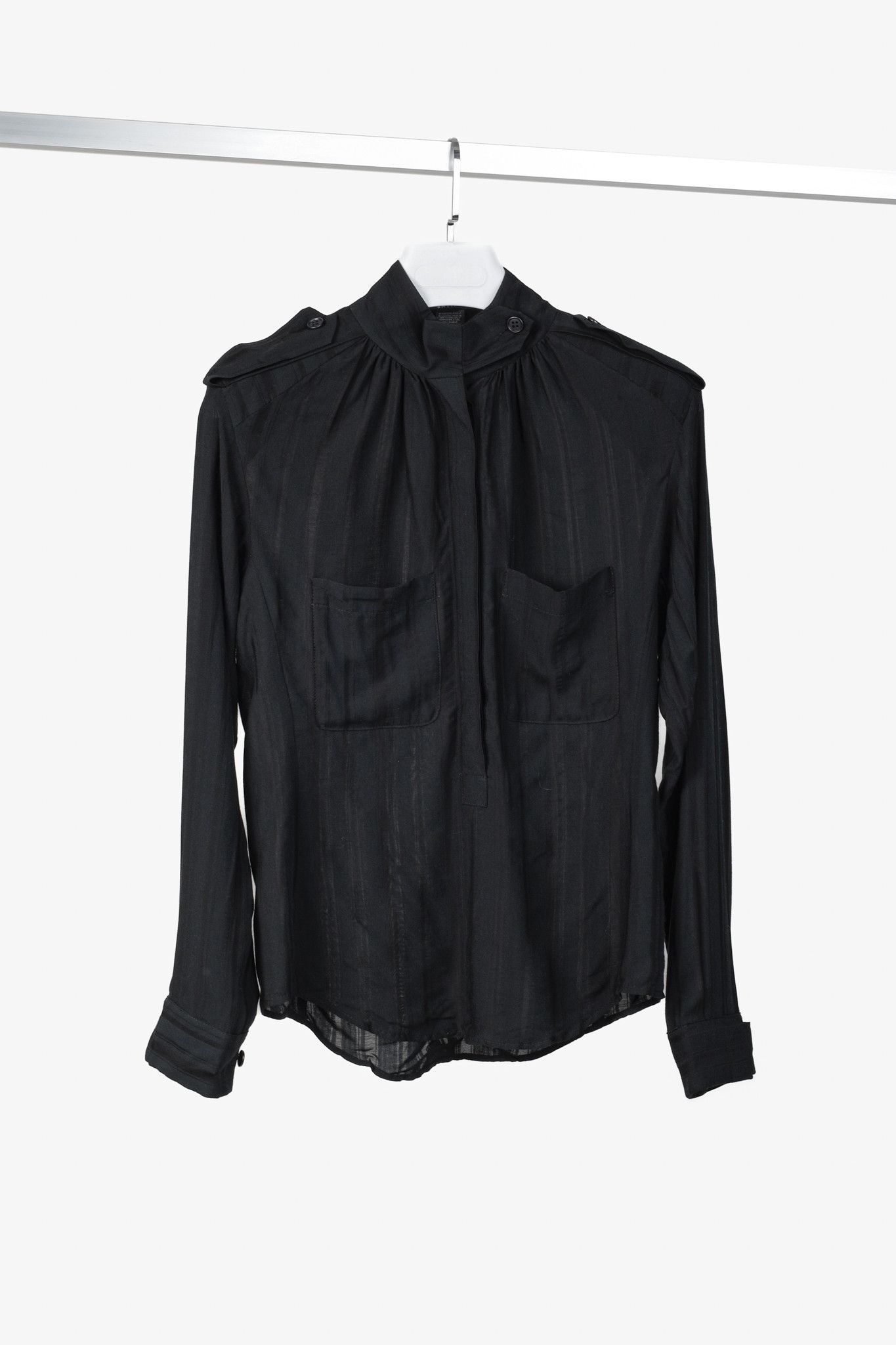 SMYTHE Smythe Black Striped Stand-Collar Buttoned-Henley Blouse Size XS / US 0-2 / IT 36-38 - 1 Thumbnail