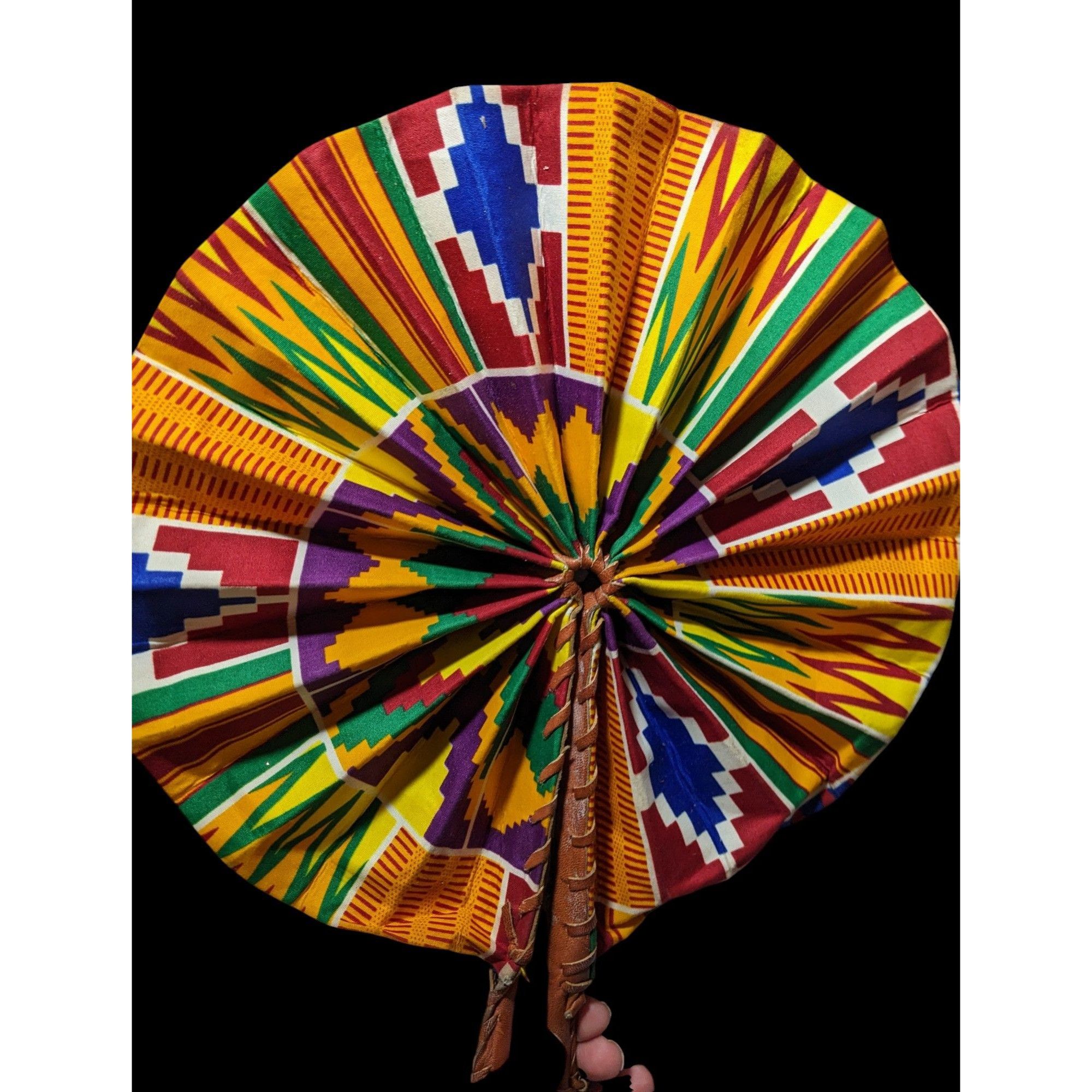 Other Handmade African Fabric Fan Double Sided Leather Handle Size ONE SIZE - 1 Thumbnail