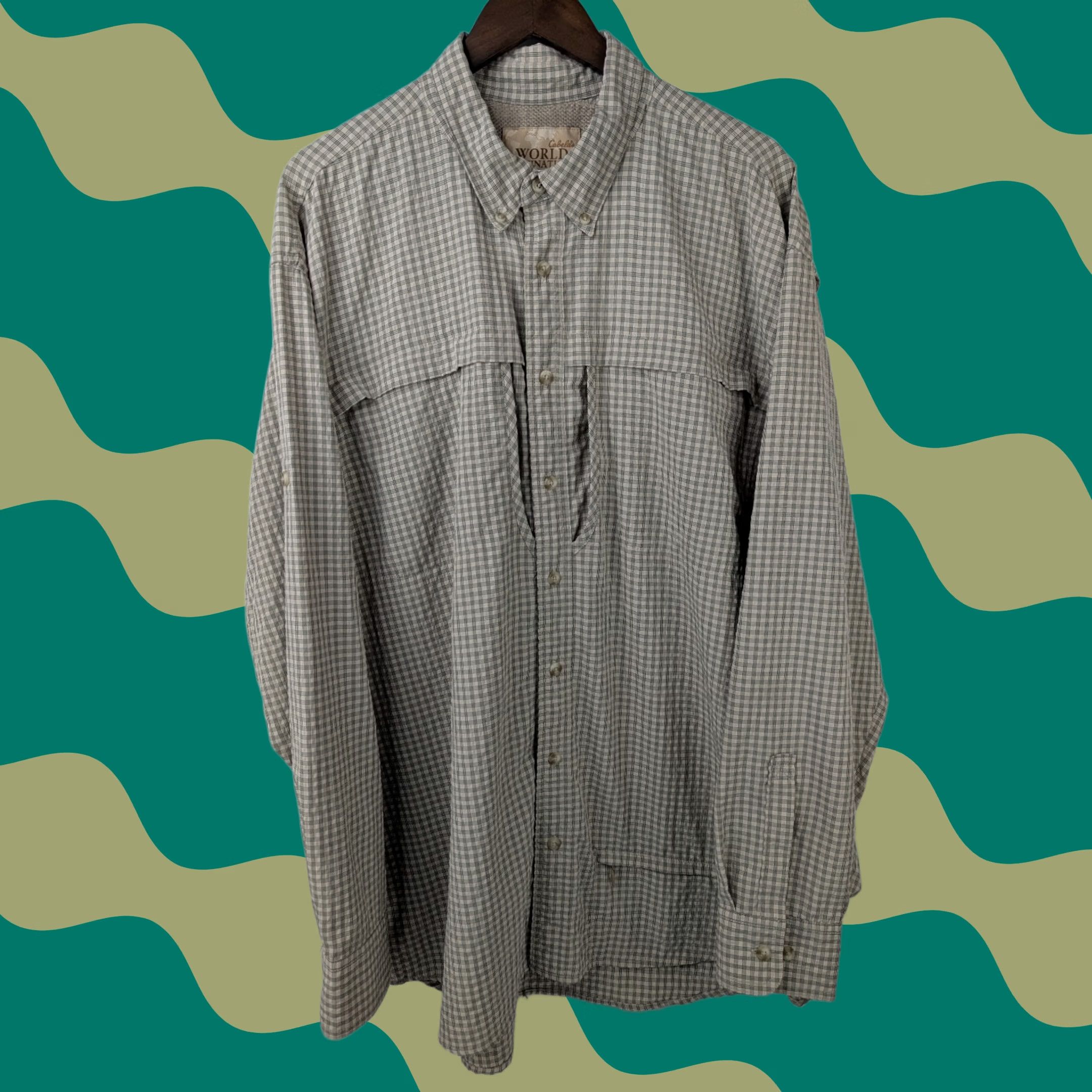 Vintage Cabela's Shirt Adult XL Tall Plaid Fishing Hunting Vented Lightweight Nylon Nylon/Polyester Beige Button-Down Collar All Seasons Regular Men XLT Size US XL / EU 56 / 4 - 1 Thumbnail