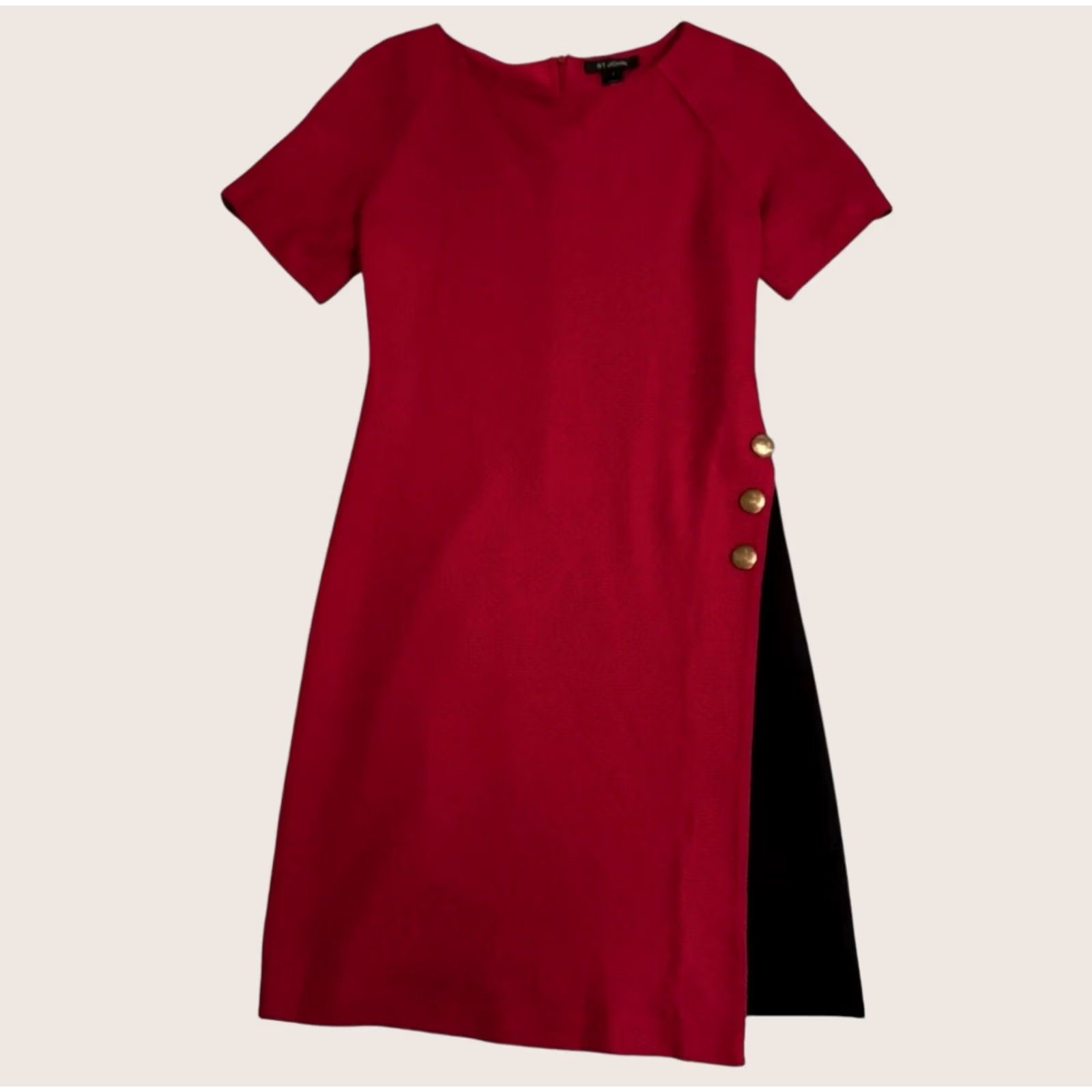 St. John St. John Dress Womens 4 Red Short Sleeve Sheath Gold Button Side Slit Size 27" / US 4 / IT 40 - 1 Thumbnail