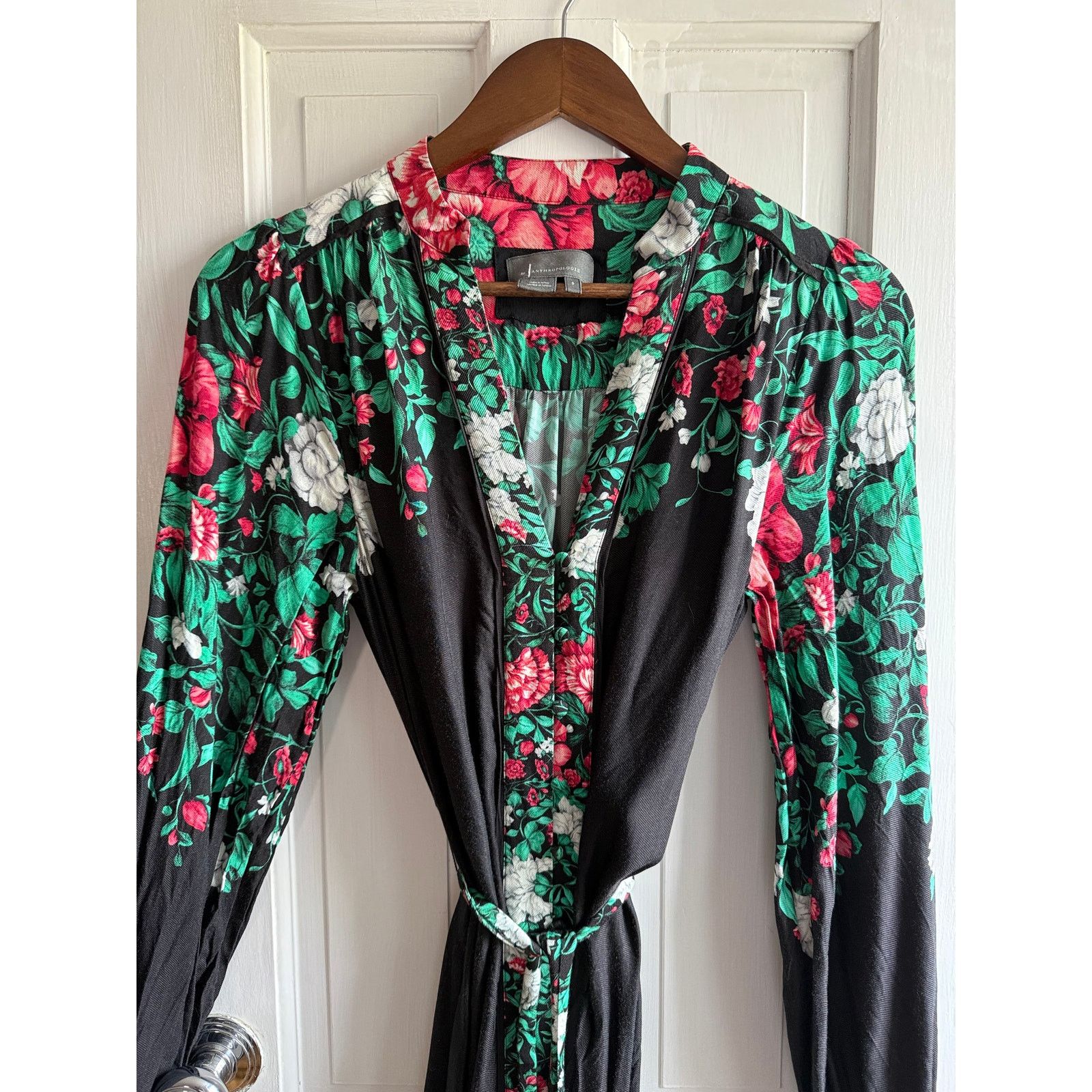 Anthropologie Anthropologie Black Floral Long Sleeve Dress - Green/Pink Size S / US 4 / IT 40 - 3 Thumbnail