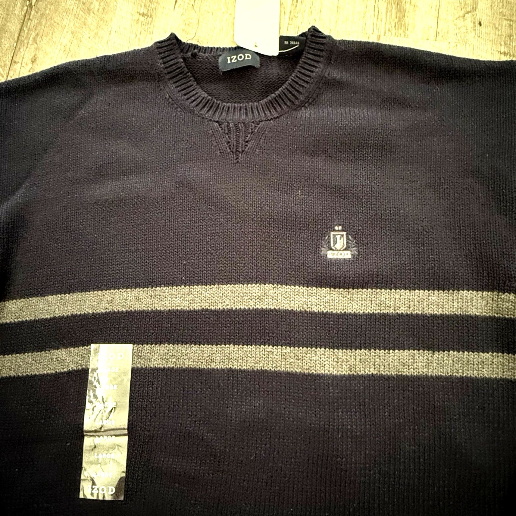 Izod IZOD Crewneck Cotton Sweater Mens L Navy Blue w Gray Stripes 5GG Crested NEW Size US L / EU 52-54 / 3 - 3 Thumbnail