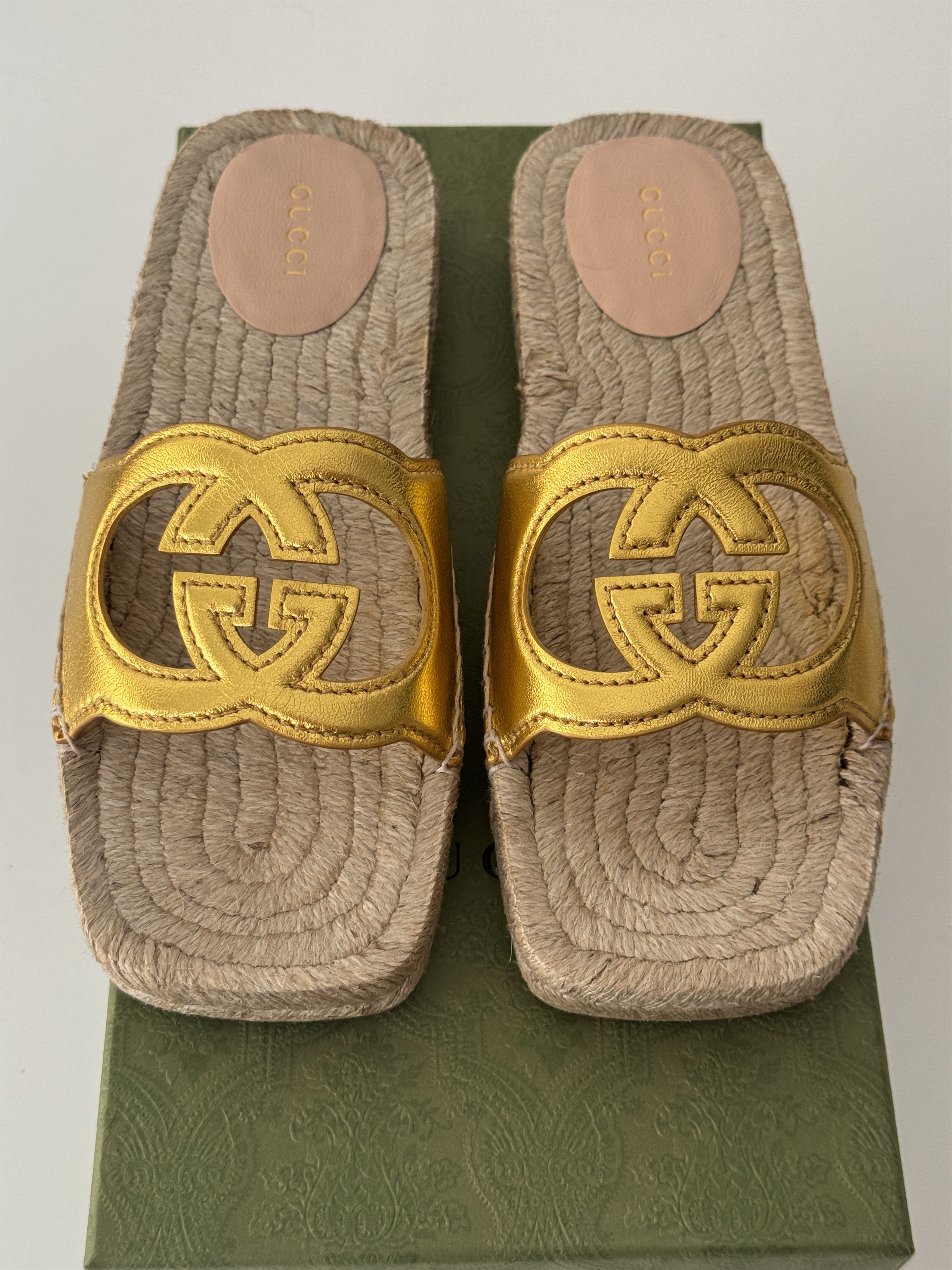 Gucci size 37G - Gucci Espadrille Gold GG cutout slide sandal Size US 7 / IT 37 - 2 Thumbnail