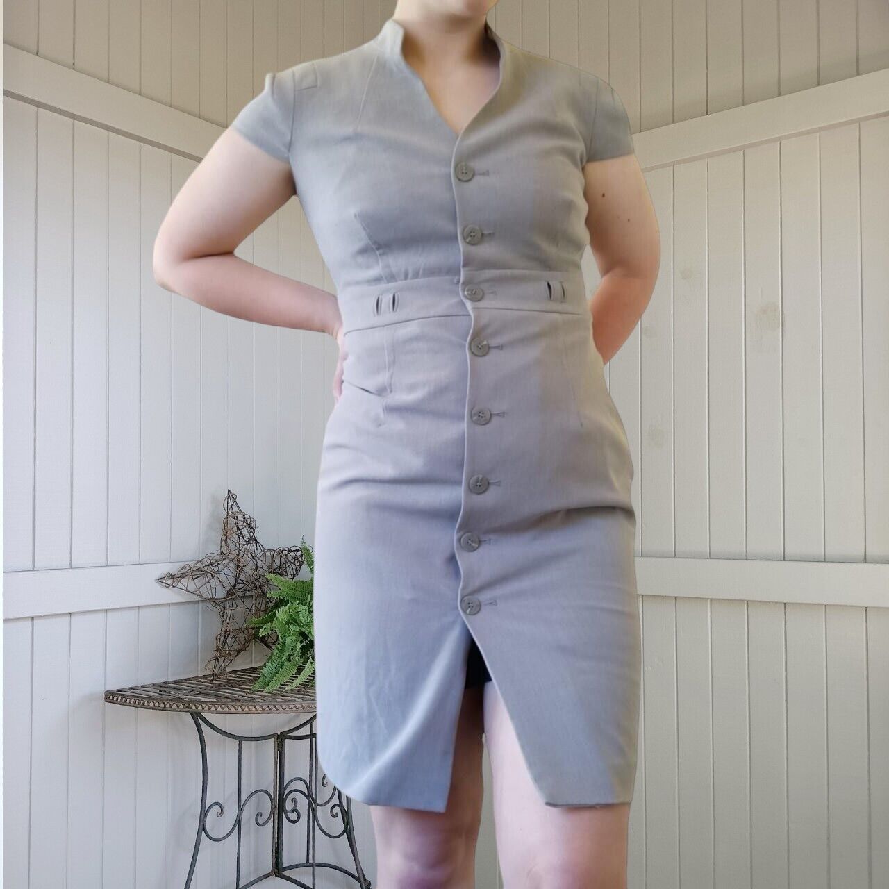Designer × Marcs Marc New York Dress Grey Button Up Short Sleeve Size L / US 10 / IT 46 - 1 Thumbnail