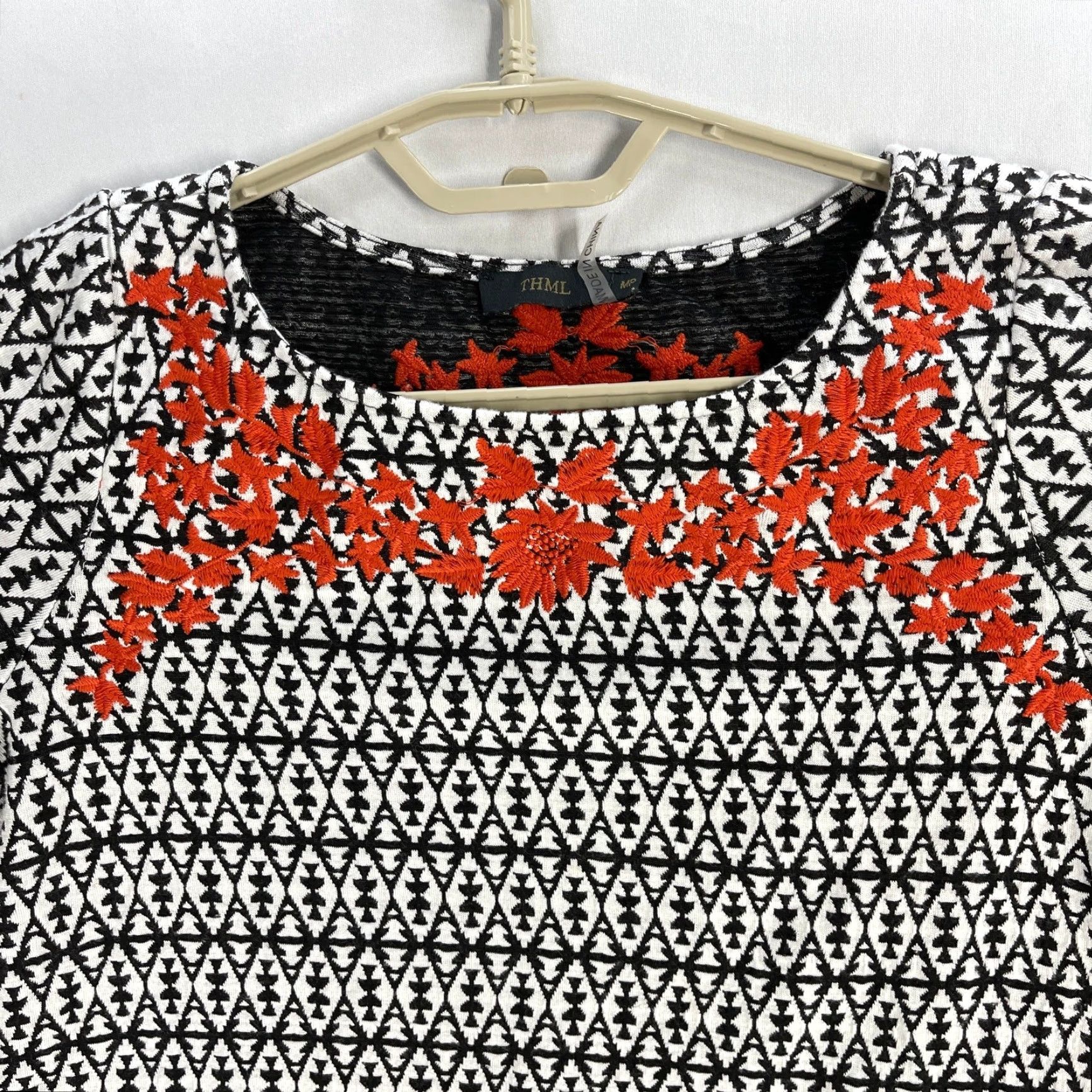 Vintage THML Mini Dress PM Black White Orange Embroidered Boho Hippie Artsy Dress Short Long Sleeve Women Petite Size M / US 6-8 / IT 42-44 - 4 Thumbnail