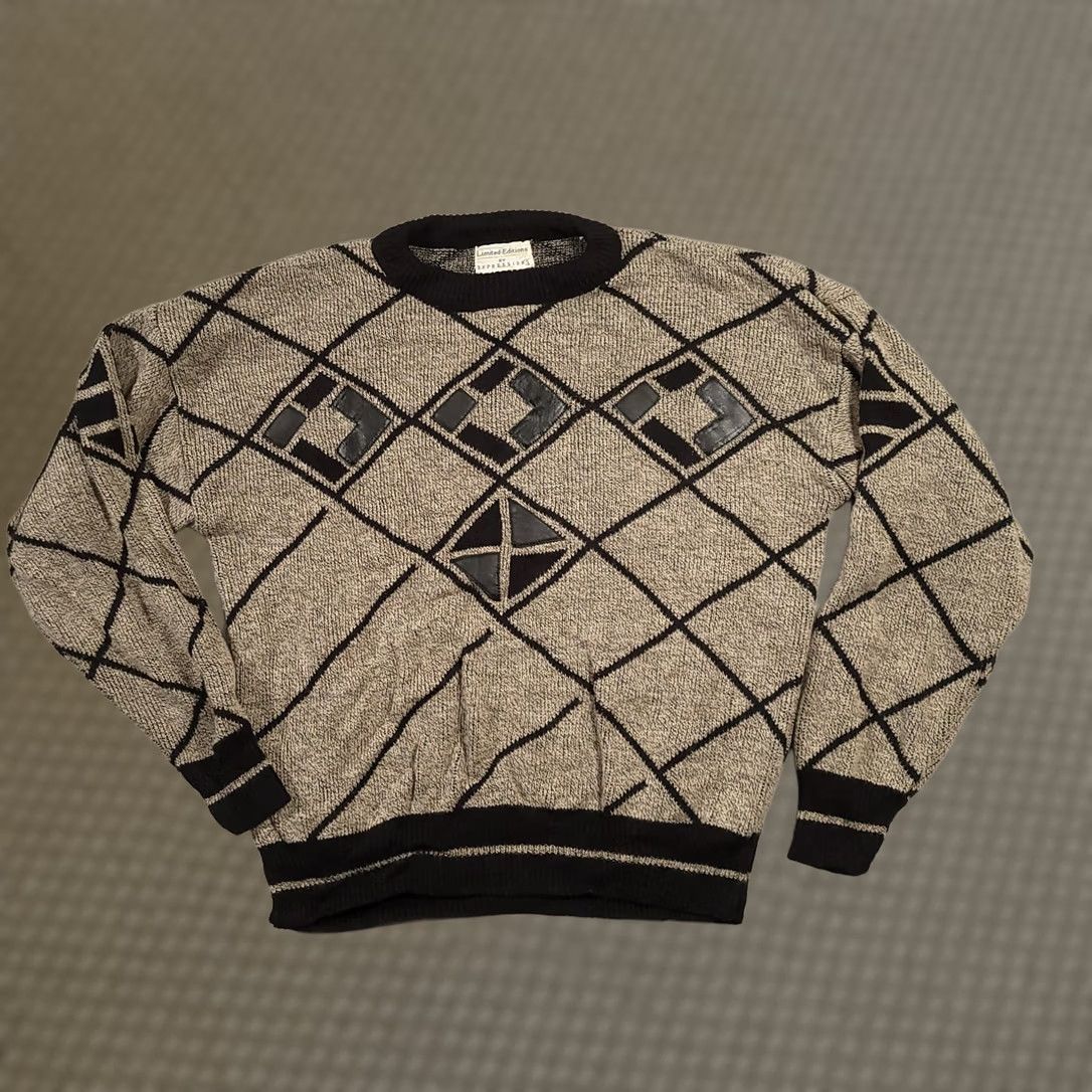 Vintage VINTAGE Expressions Limited Editions Men Large Knit Sweater Crewneck Cardigan Beige Geometric Knit Size US L / EU 52-54 / 3 - 1 Thumbnail