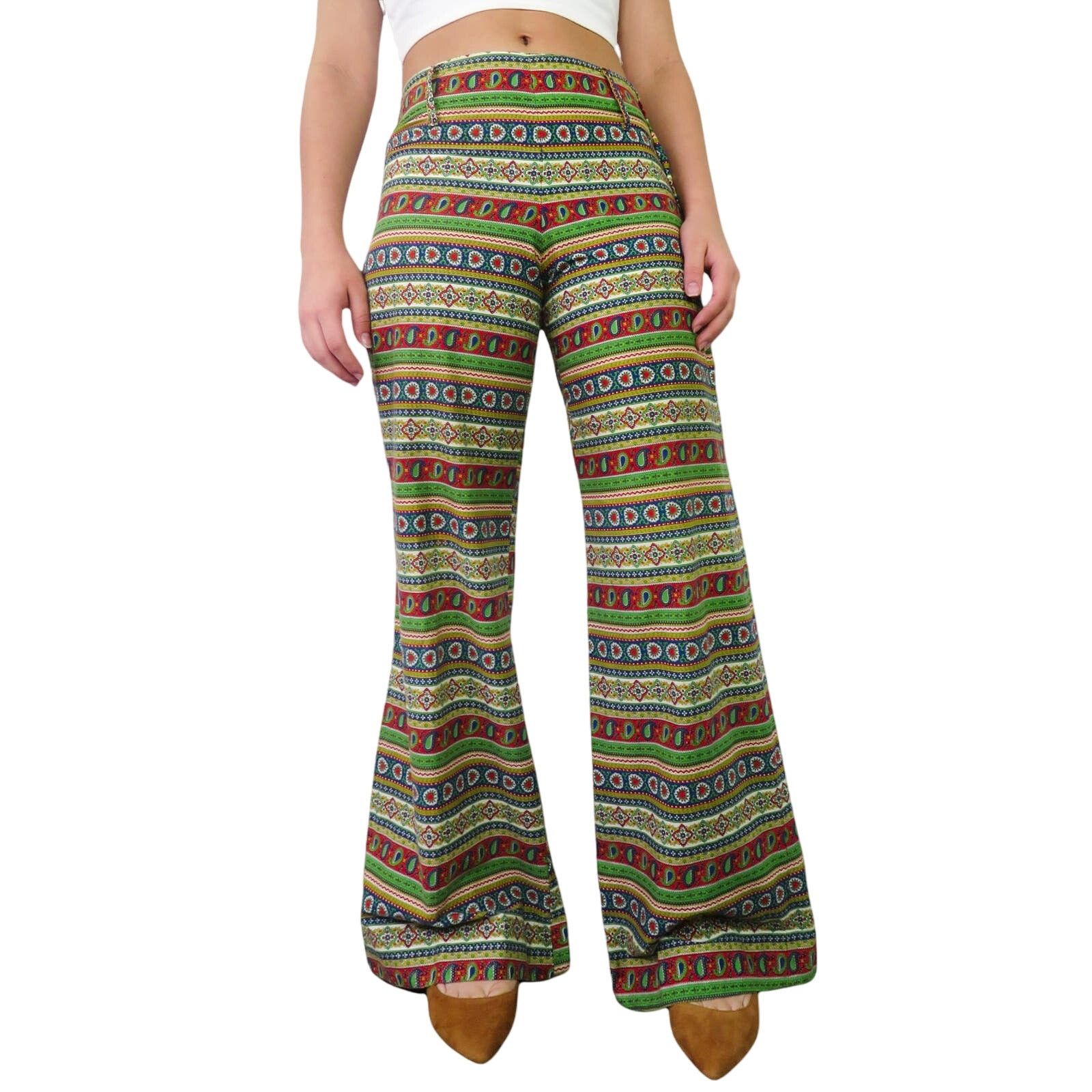Vintage 1970s Handmade Red & Green Retro Pattern Flared Pants 27" Size 27" / US 4 / IT 40 - 1 Thumbnail