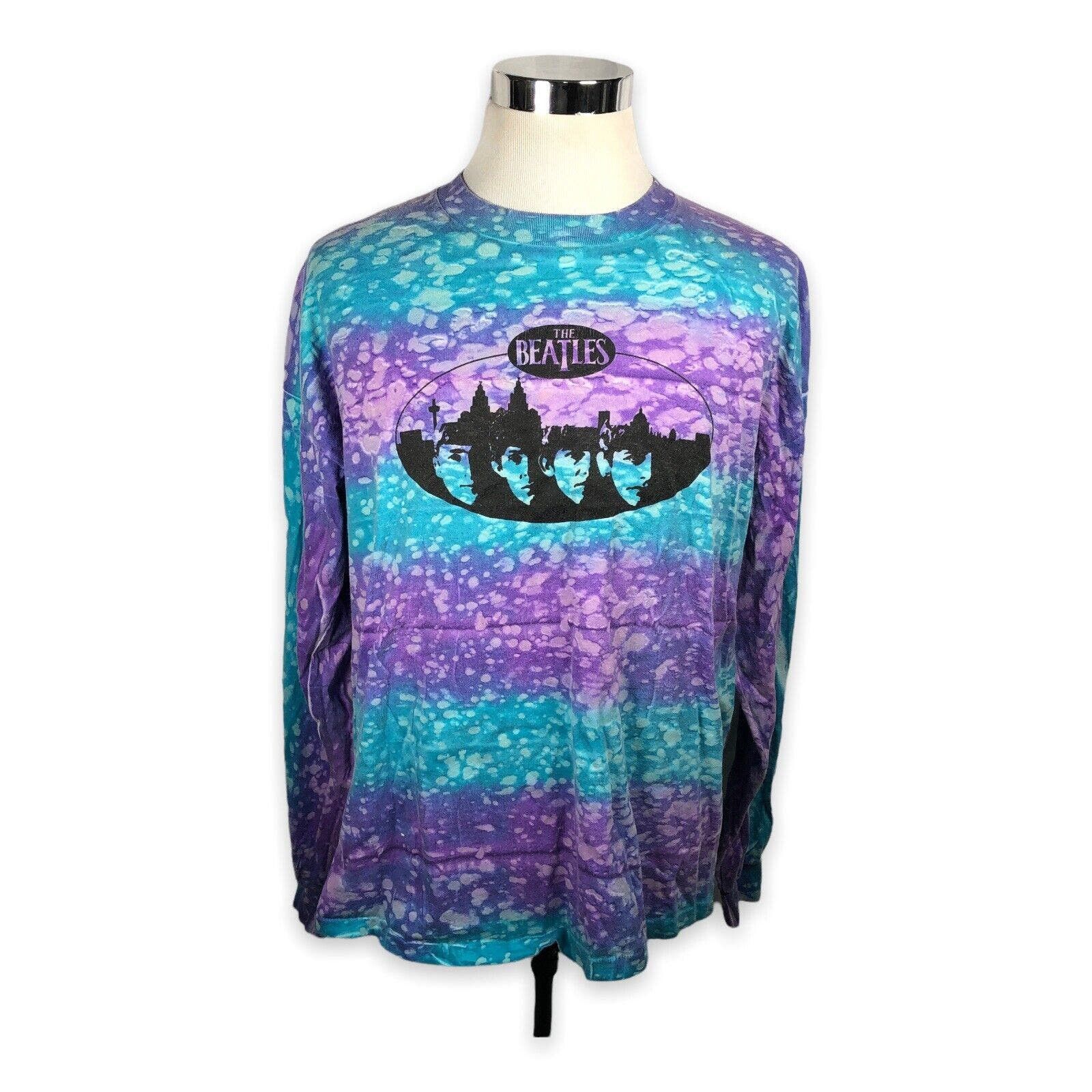 image of Apple Beatles Vintage T-Shirt Long Sleeve Tie Dye Blue Purple , Men's (Size 2XL)