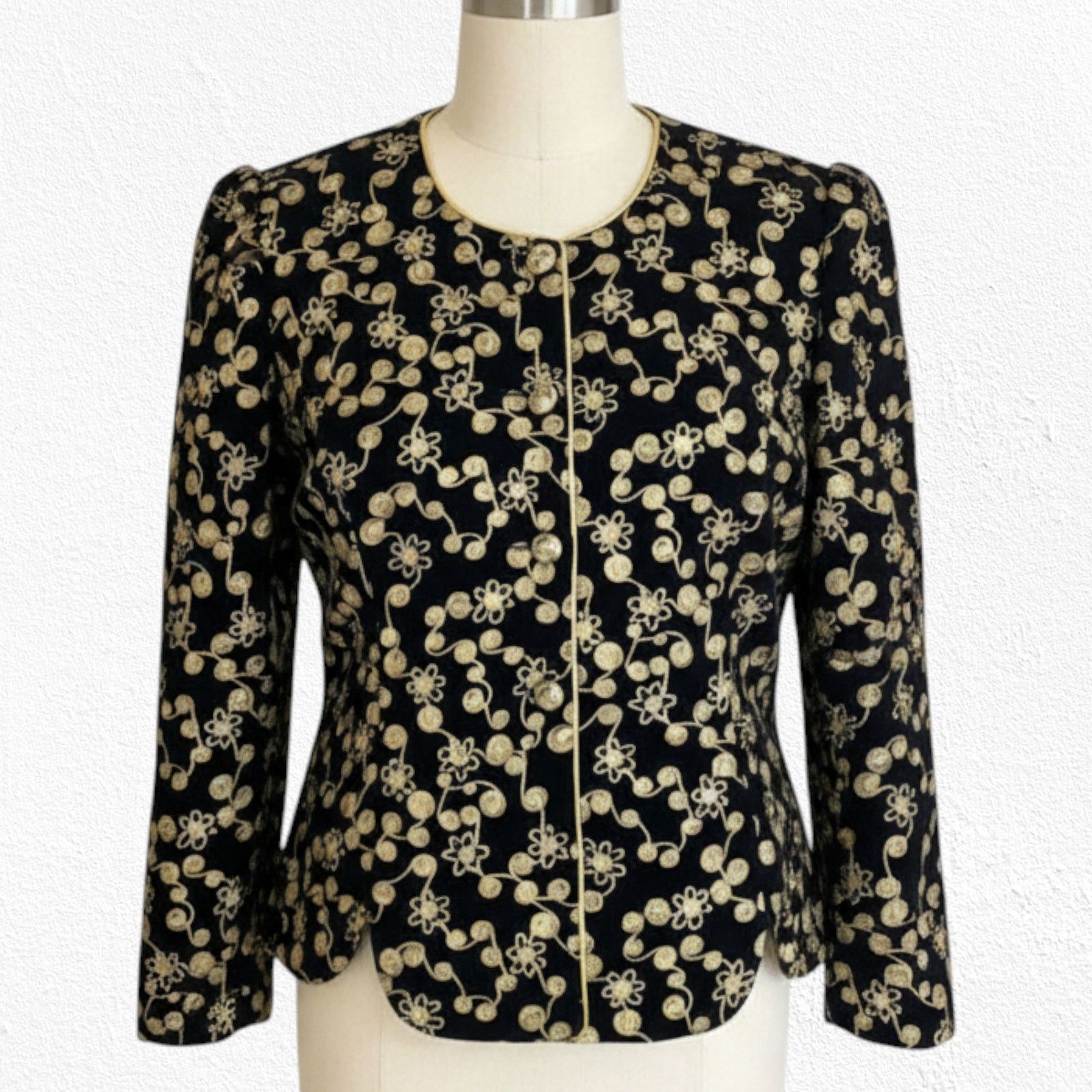 Vintage 80s Velvet Embroidered Jacket Black Gold Size 14 Size XL / US 12-14 / IT 48-50 - 11 Thumbnail