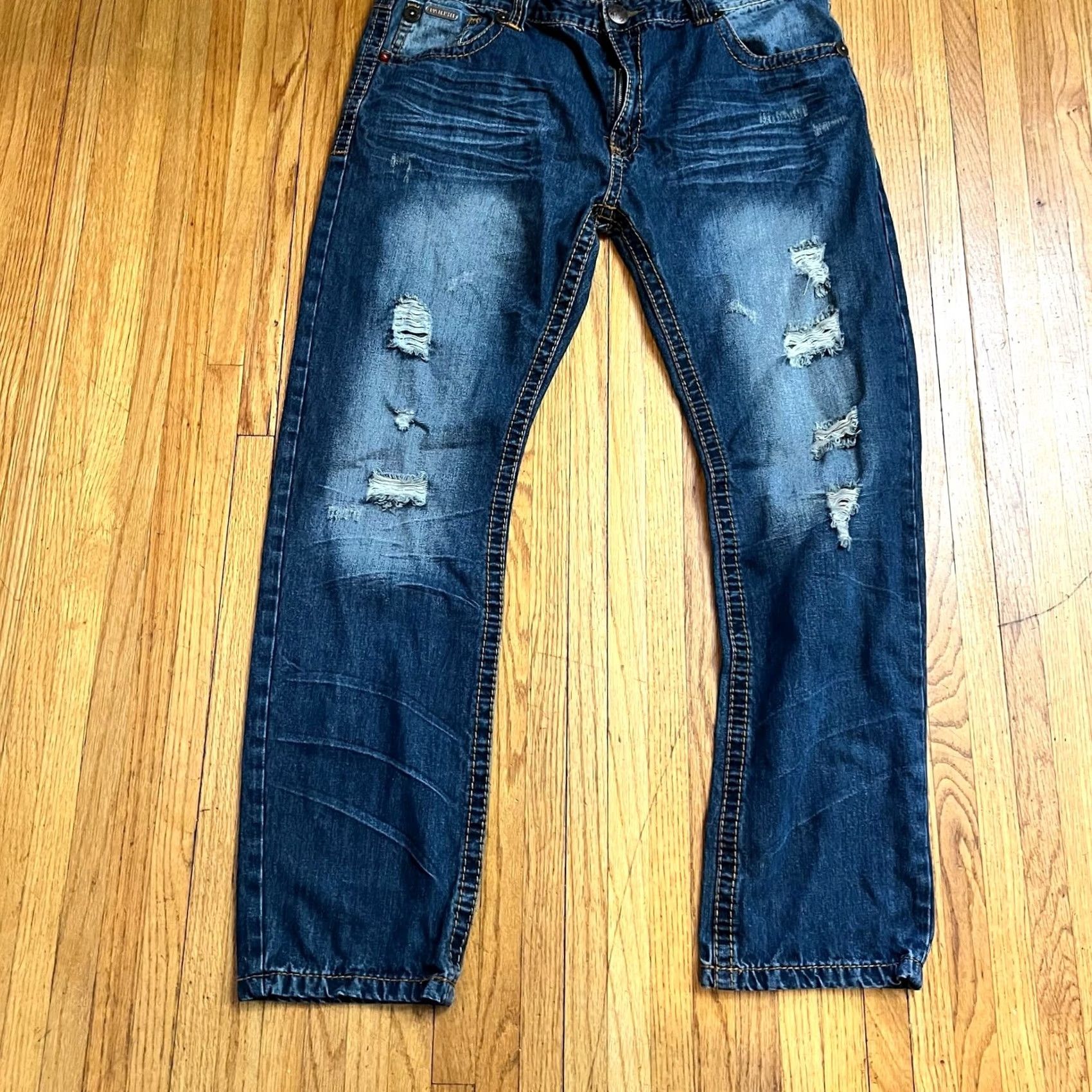 Vintage Parish Jeans Mens 42 Blue Baggy Thick Stitch Flap Pocket Skate Distressed Size US 42 / EU 58 - 3 Thumbnail