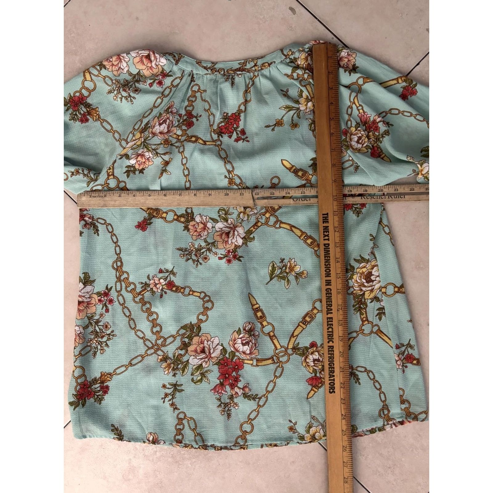 Vintage Fig and Flower Blouse Womens Medium Blue Floral Chain Print Button Up Boho Top Size M / US 6-8 / IT 42-44 - 6 Thumbnail