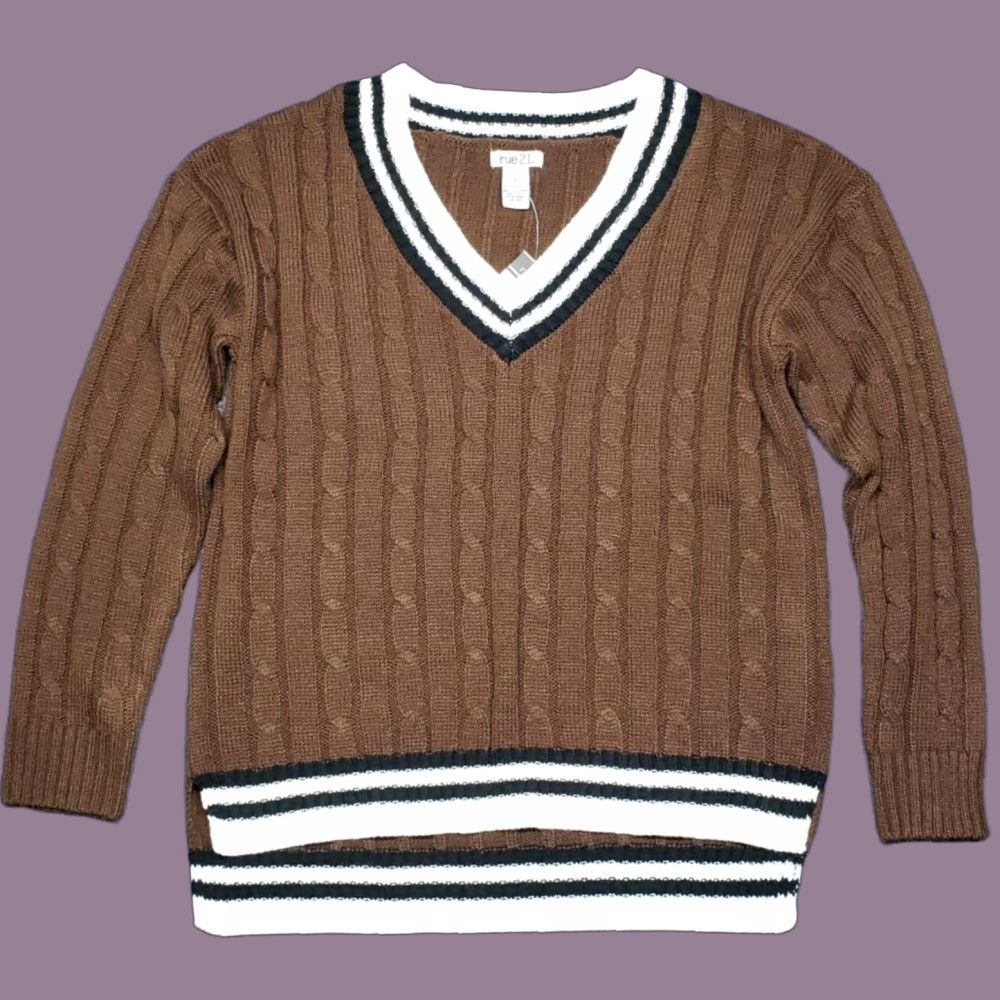 Vintage Rue21 Sweater S Brown Striped Long Sleeve V-Neck Cable Knit Pullover Womens Size S / US 4 / IT 40 - 1 Thumbnail