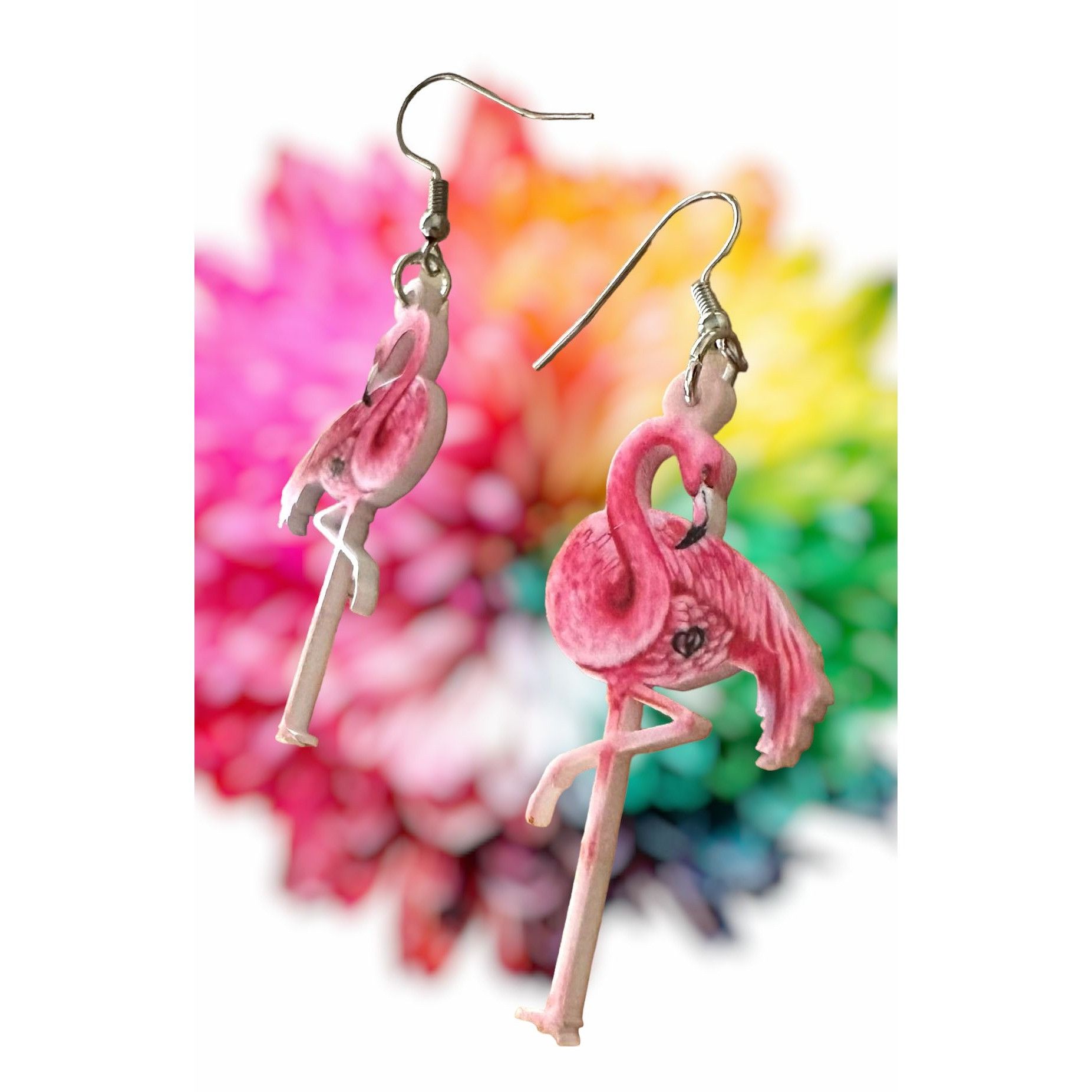 Handmade Pink Flamingo Earrings Dangle Hooks New Double Sided Las Veg Size ONE SIZE - 12 Thumbnail