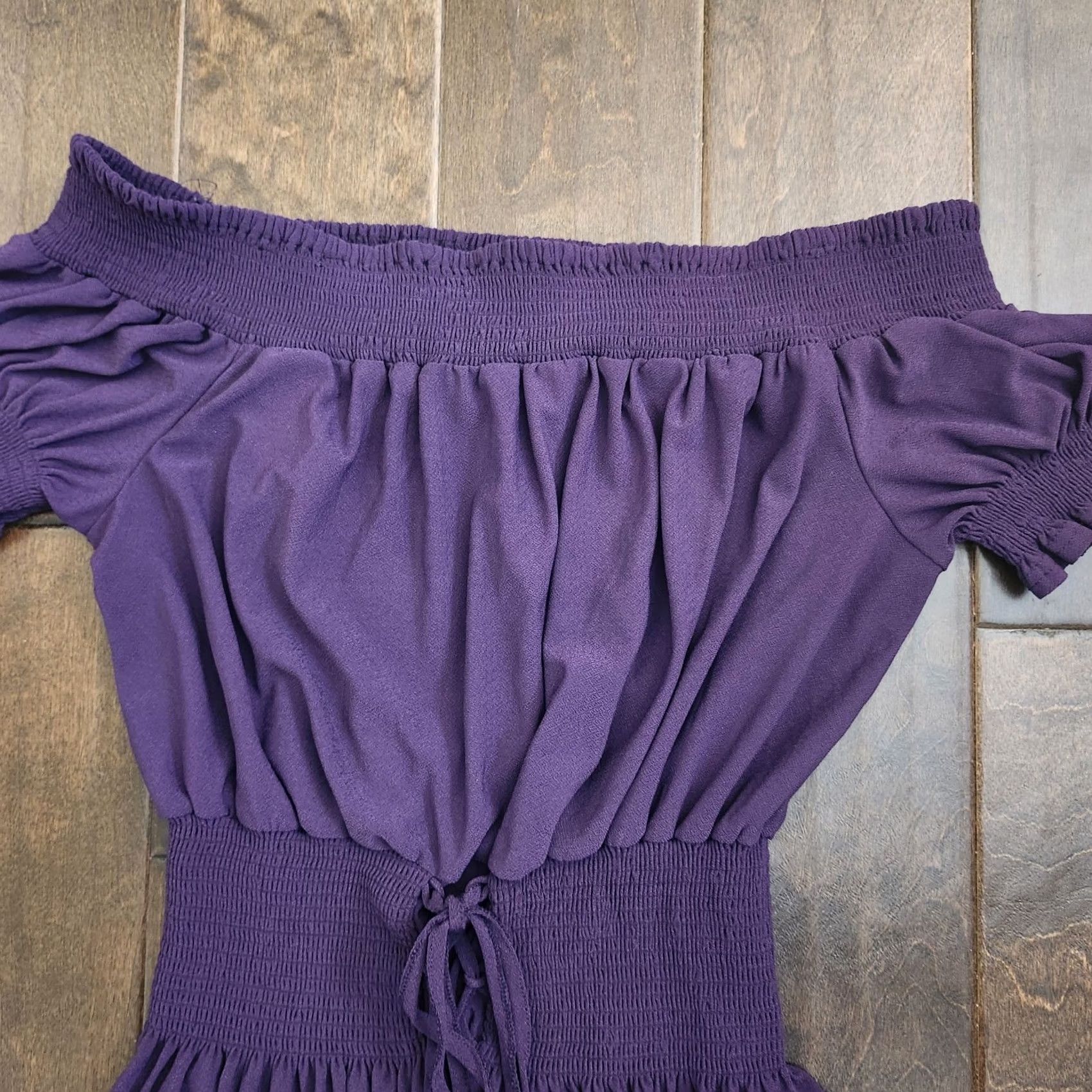 Vintage Sweet Wanderer Purple off Shoulder Top Short Sleeve L Juniors Elastic Waist Zig Zag Laced Up Bow Tie Blouse Size L / US 10 / IT 46 - 5 Thumbnail