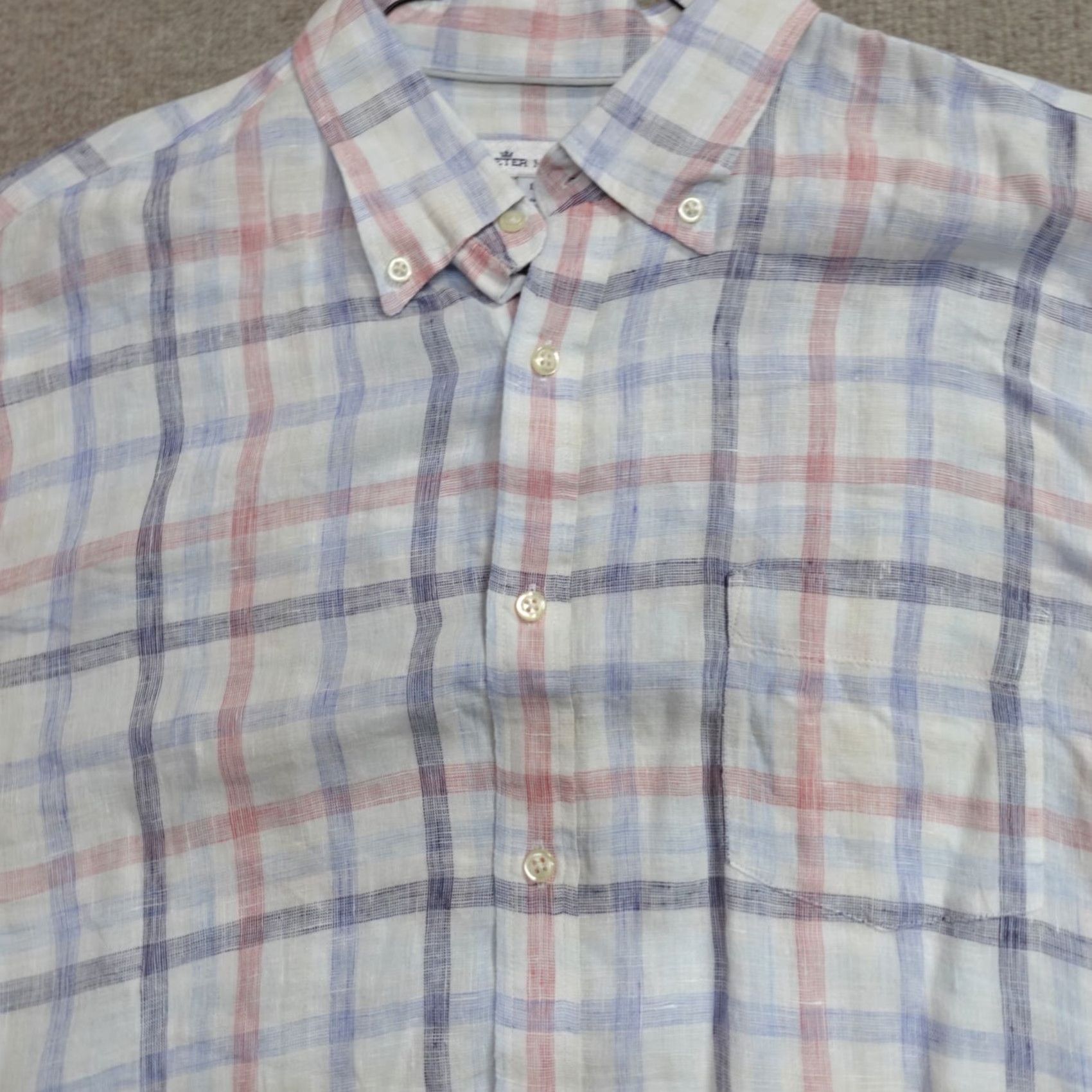 Peter Millar Peter Millar Shirt Mens Long Sleeve Button-Down Linen Plaid White Blue 100% Linen L Regular Button Front Size US L / EU 52-54 / 3 - 2 Thumbnail