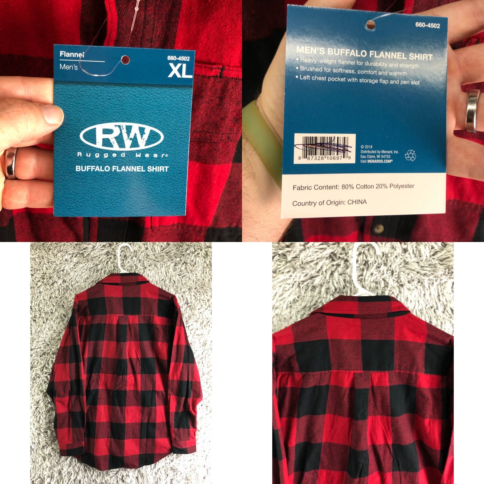 Vintage Rugged Wear Shirt Mens XL Red Flannel Long Sleeve Button-Up Spread Collar Button-Down Casual Check Modern Size US XL / EU 56 / 4 - 8 Thumbnail