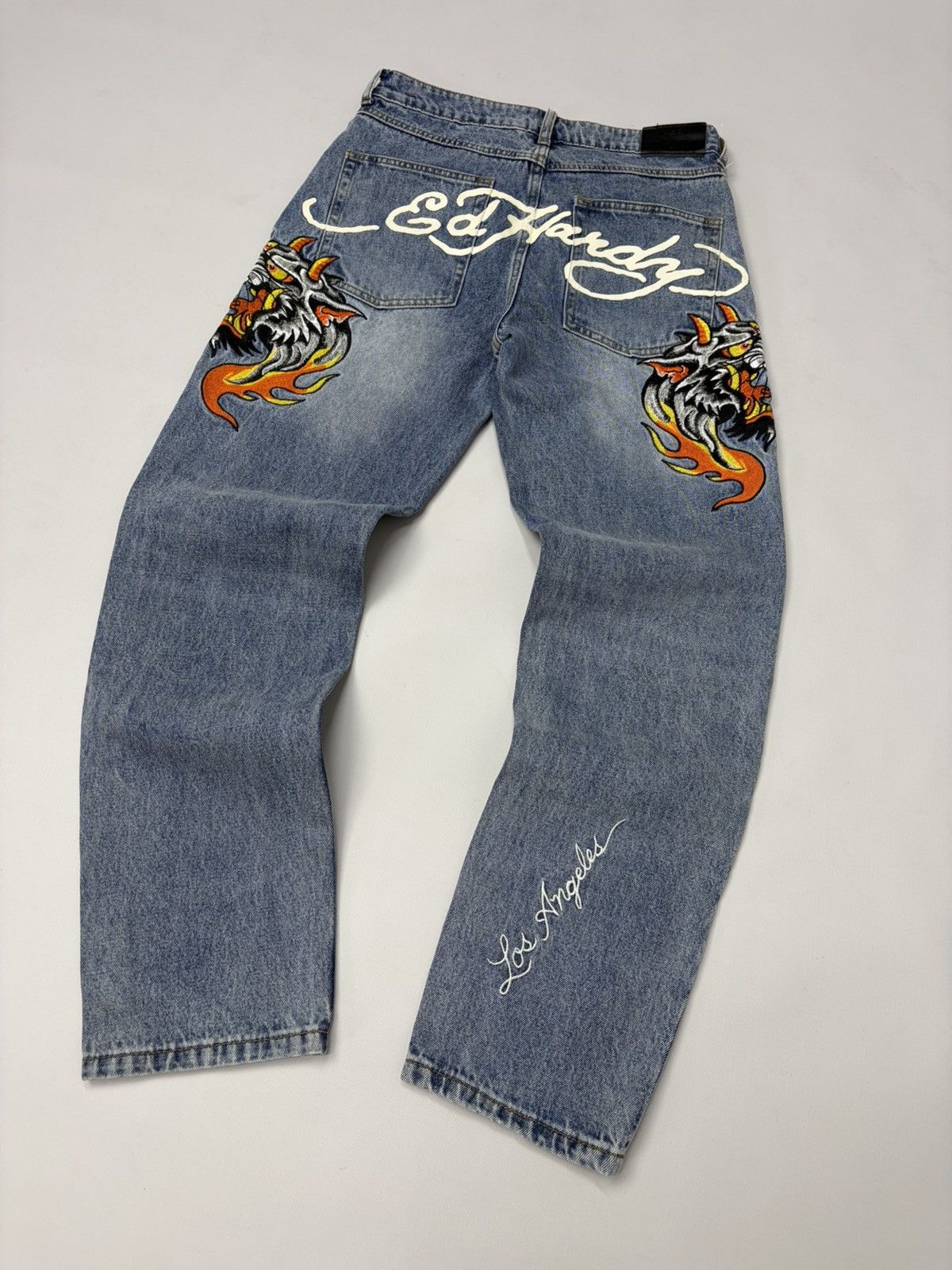 Ed Hardy Vintage Ed Hardy Embroidered Flame Denim Jeans Y2K Biker Size US 31 - 7 Thumbnail