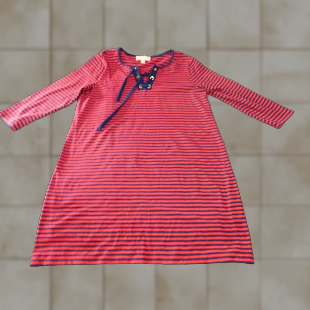 Michael Kors Michael Kors Dress Large Red Striped Womens Knit A-Line Knee Length Casual Round Neck Long Sleeve Pullover Cotton Viscose Stretch Size L / US 10 / IT 46 - 1 Thumbnail