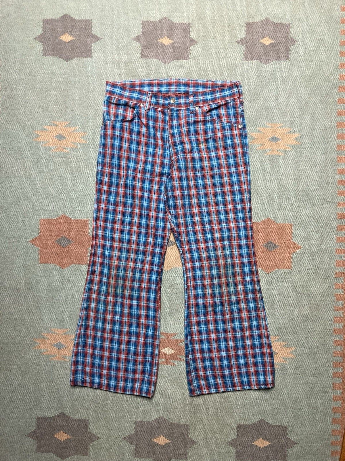 Vintage 1970s sears flare pants toughskins plaid wide hippie 29x25 Size 29" - 1 Thumbnail