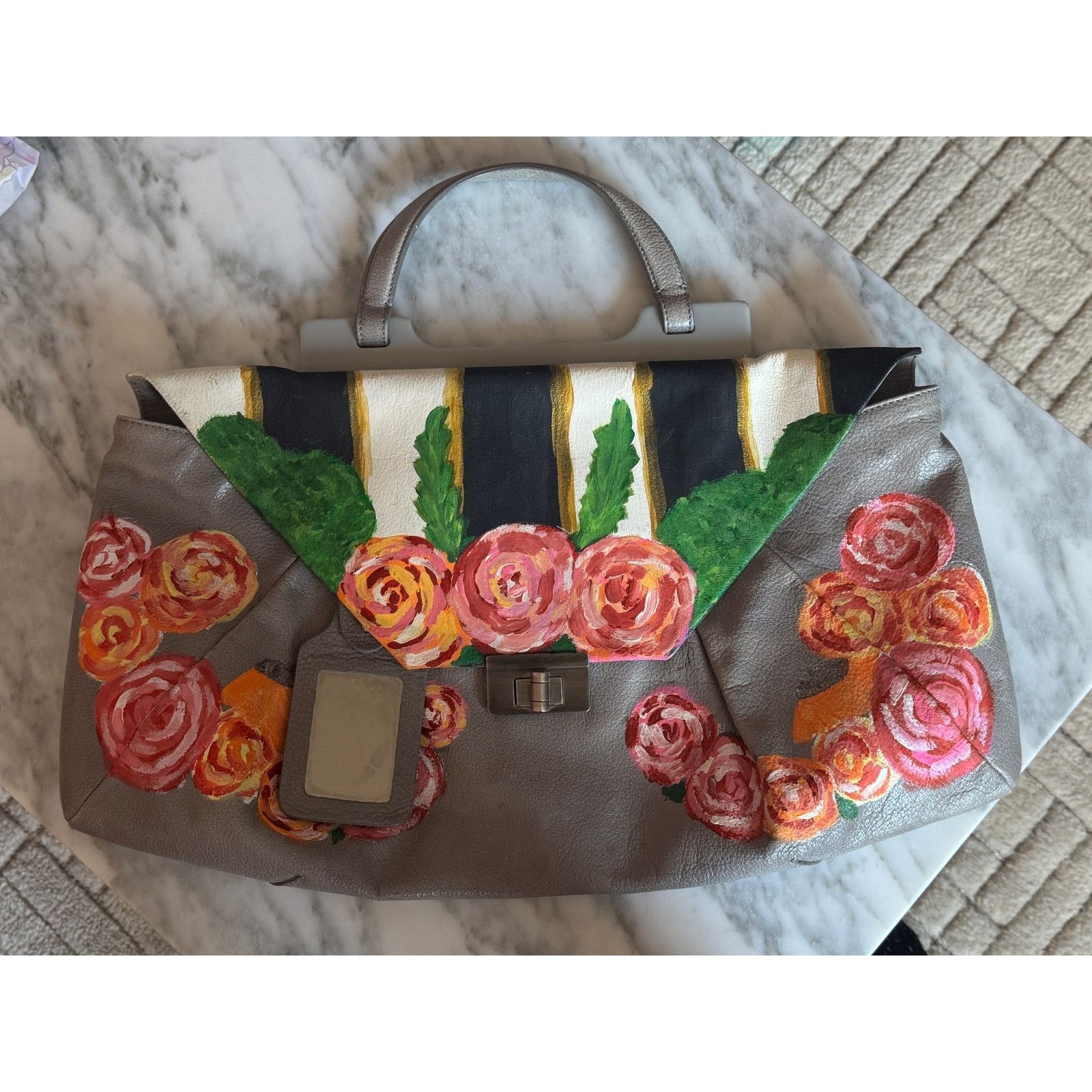 Marni Marni Hand-Painted Floral Stripe Grey Leather Bag Size ONE SIZE - 1 Thumbnail