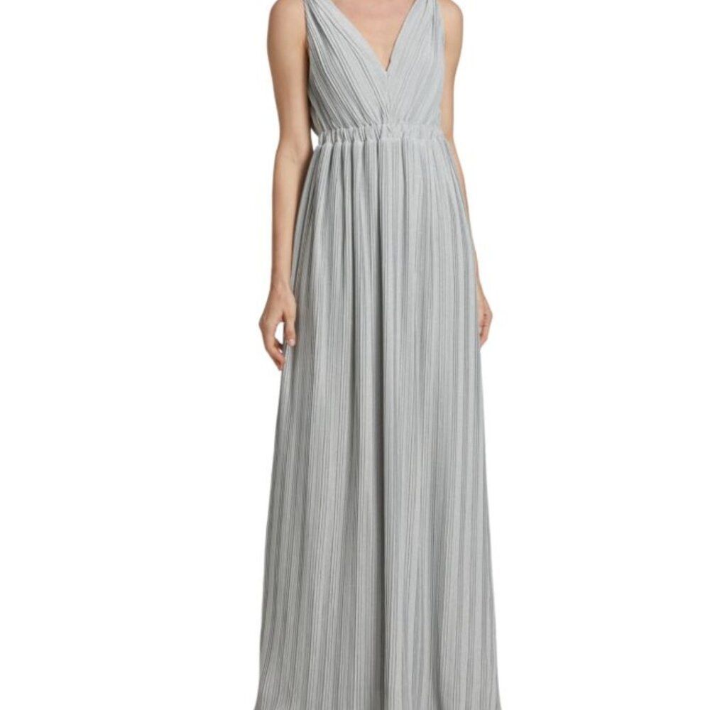 Halston Heritage Halston Lana Pleated V-Neck Gown Silver Metallic Formal Wed Size M / US 6-8 / IT 42-44 - 2 Thumbnail