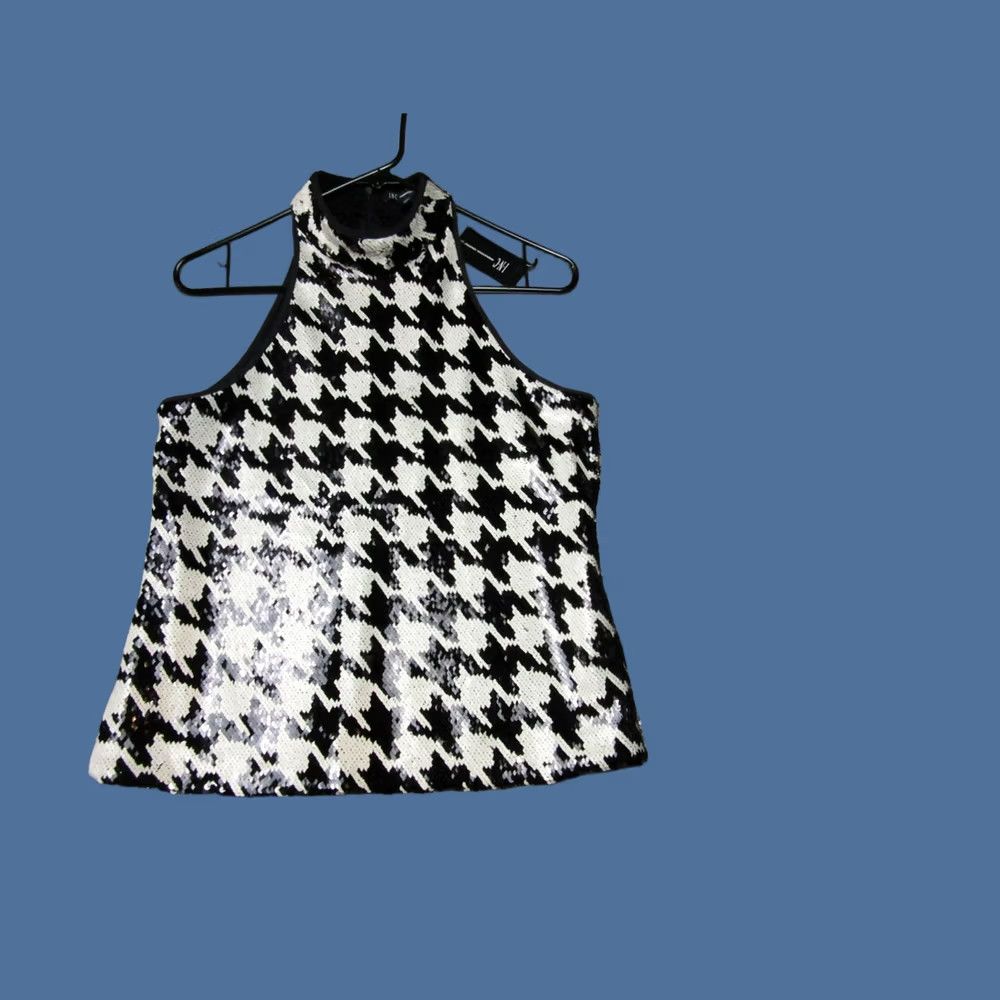 Vintage INC Sequin Halter Top Women S Black White Houndstooth Party Cocktail Sleeveless Zipper Runway Glitz Modern Holiday Vintage No Size S / US 4 / IT 40 - 1 Thumbnail