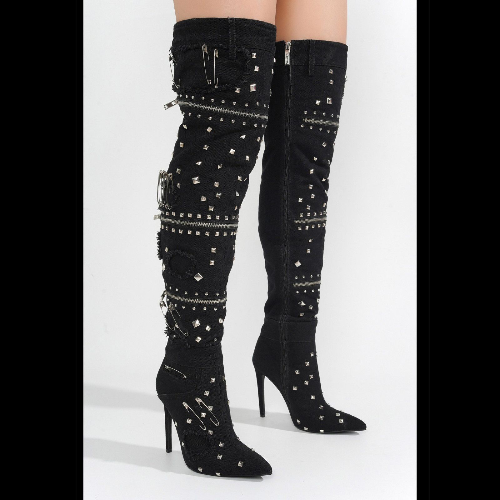 Other Rocker Black Distressed Denim Embellished Thigh High Boots ( Size US 9 / IT 39 - 2 Thumbnail