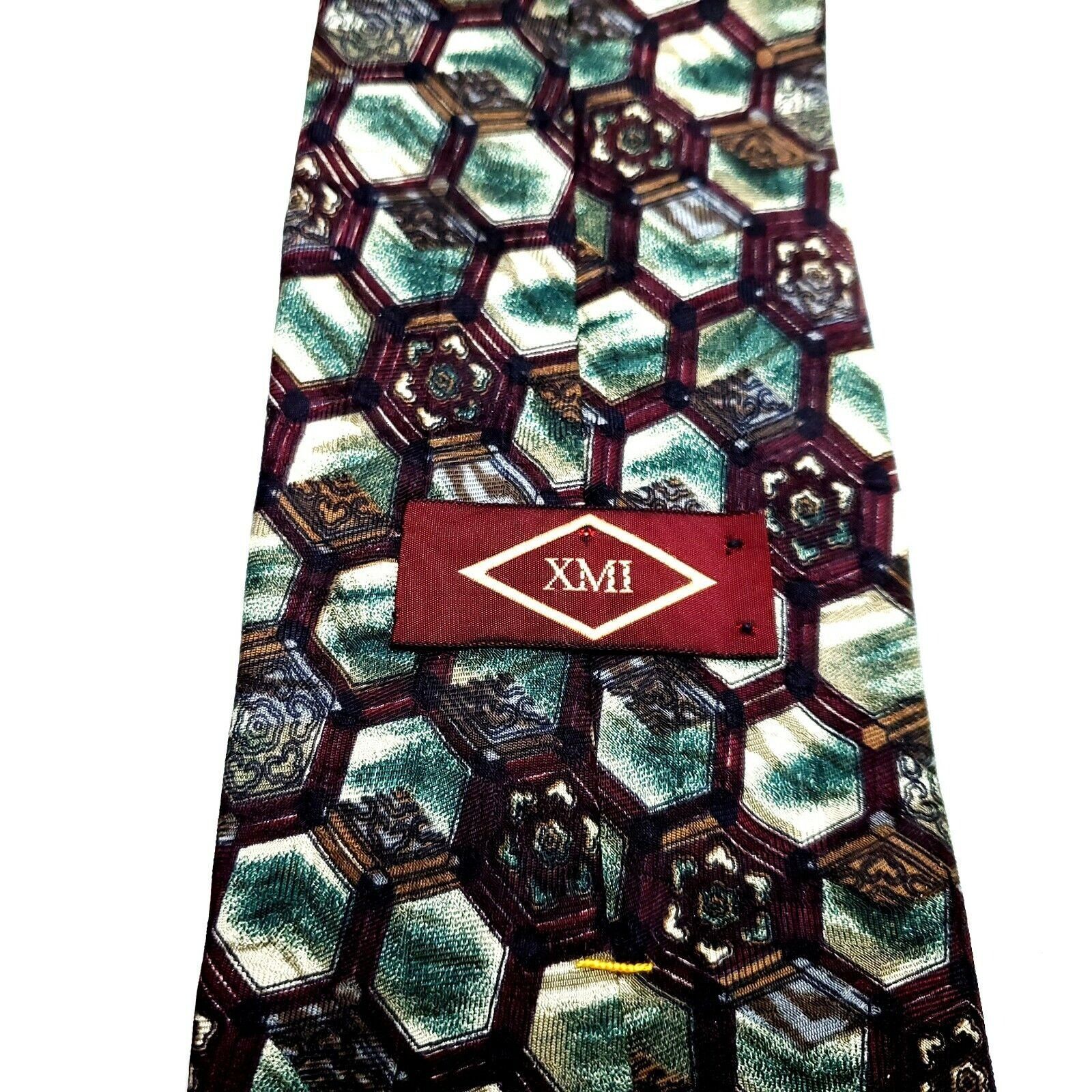 XMI Platinum XMI Silk Tie Maroon Green Geometric Short Wide Size ONE SIZE - 3 Thumbnail