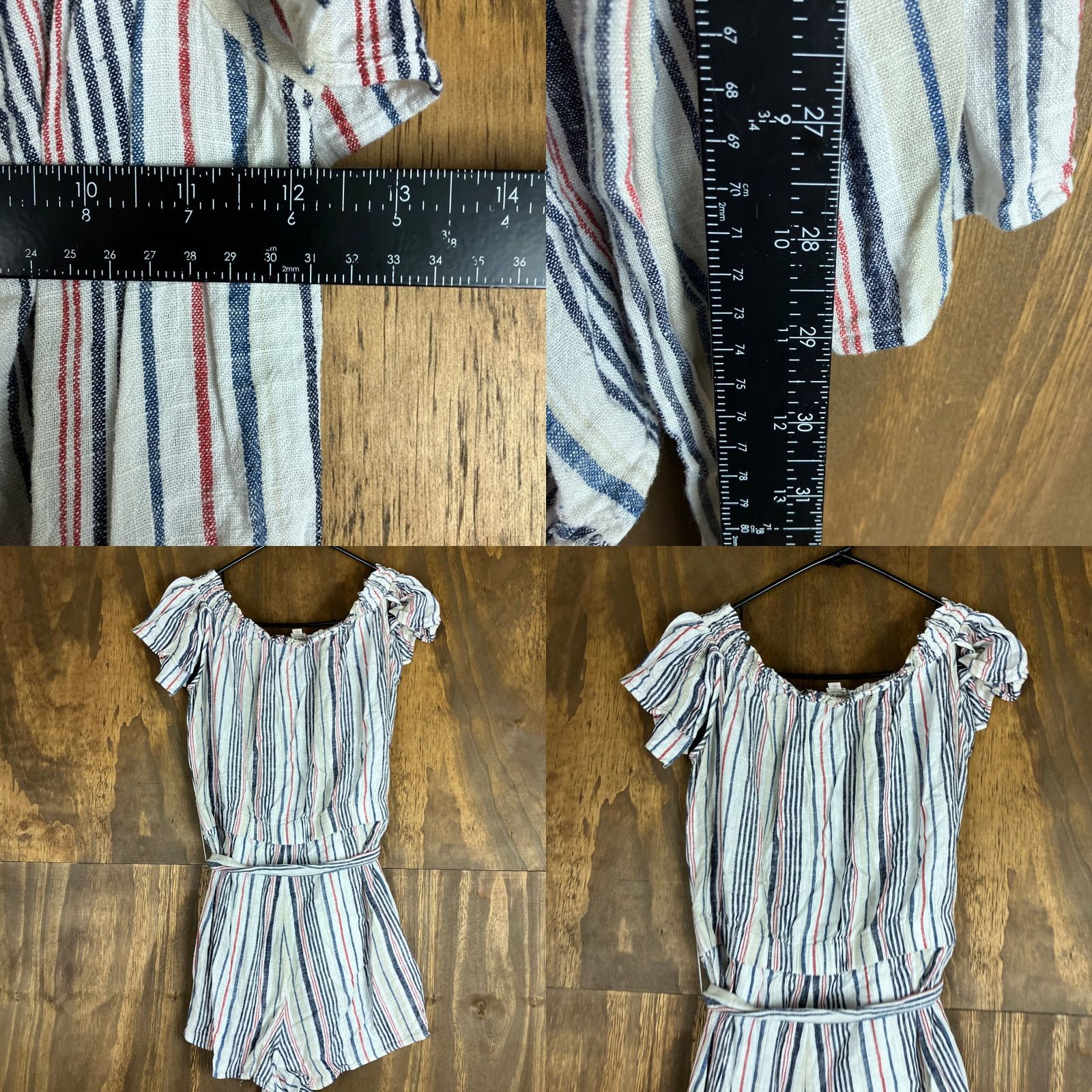Loft LOFT Beach Romper Tan Multi Striped Linen Blend Smock Neck Sleeveless M Womens Casual Party/Cocktail Travel Pockets Flutter Relaxed One-Piece Shirt? Size 32" / US 10 / IT 46 - 8 Thumbnail