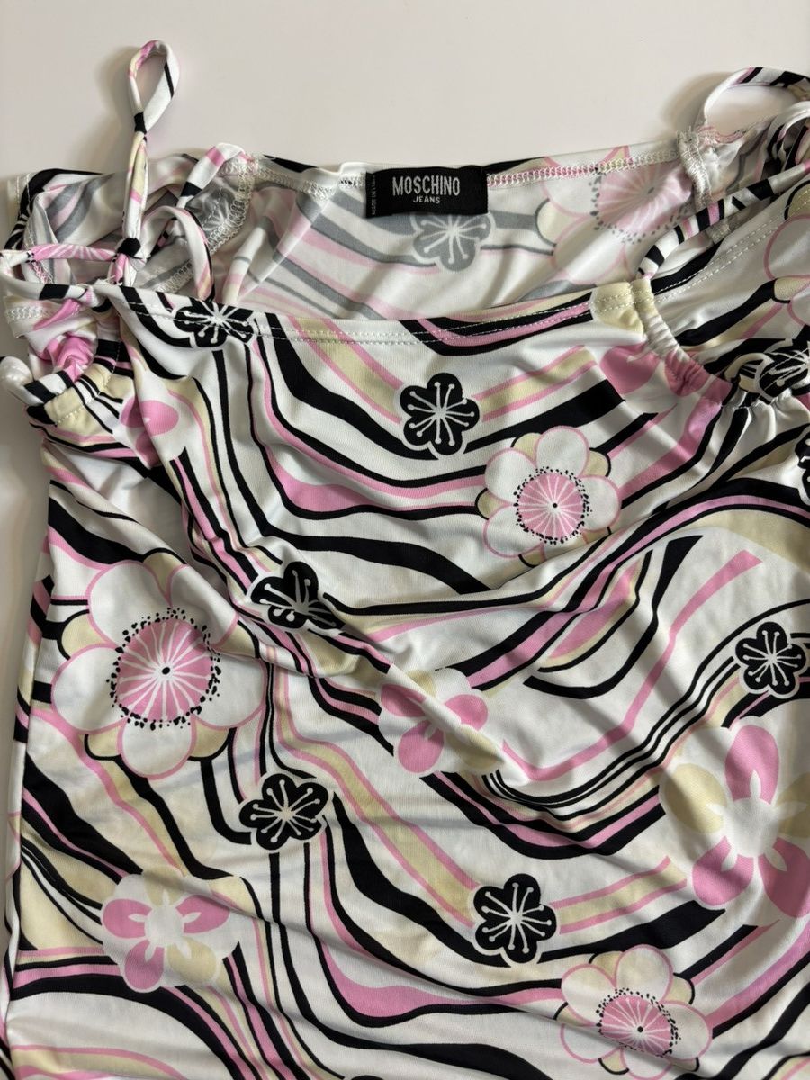 Moschino × Vintage Vintage Moschino Off-Shoulder Top Black Beige Pink Swirl Size S / US 4 / IT 40 - 7 Thumbnail