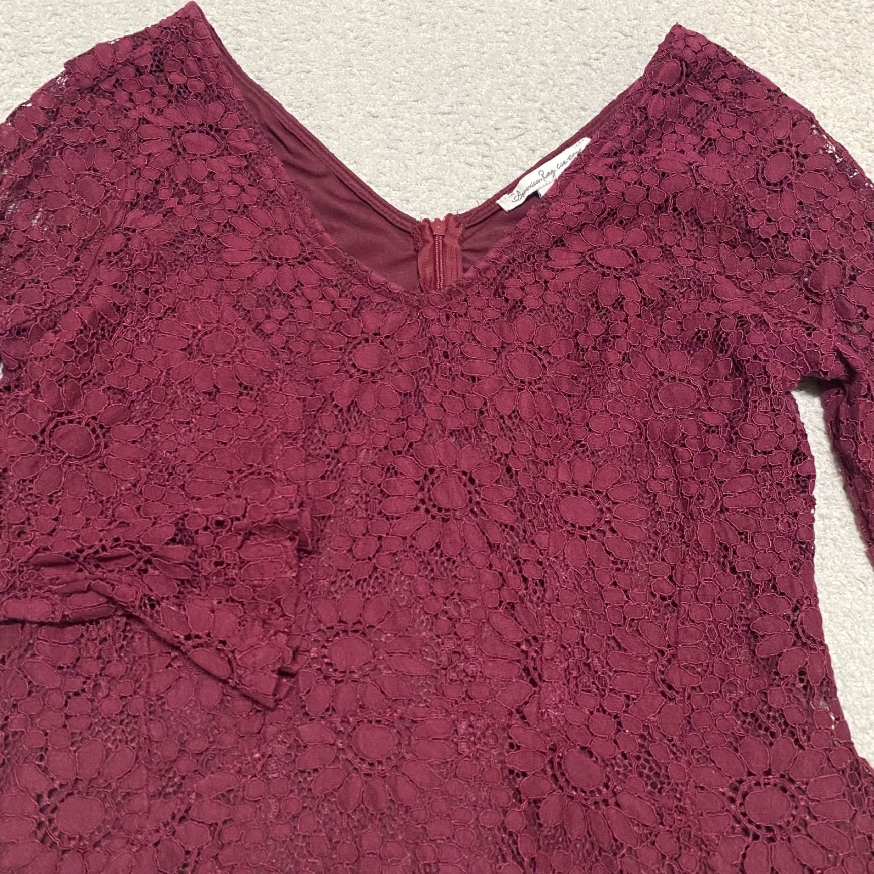 Vintage American Rag Cie Dress Womens Large Burgundy Lace Bell Sleeve Fit & Flare Short Dress L Size L / US 10 / IT 46 - 4 Thumbnail