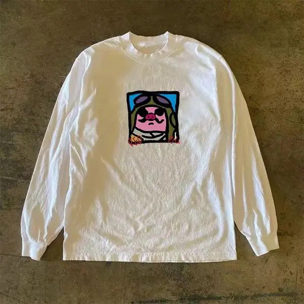 VIBE White casual retro cartoon pig print long sleeve t-shirt Size US L / EU 52-54 / 3 - 3 Thumbnail