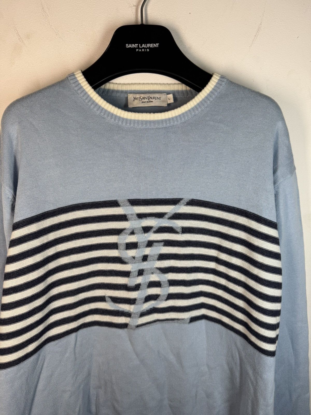 Yves Saint Laurent Blue YSL Sweater Knit Light Big Logo Size US L / EU 52-54 / 3 - 22 Thumbnail