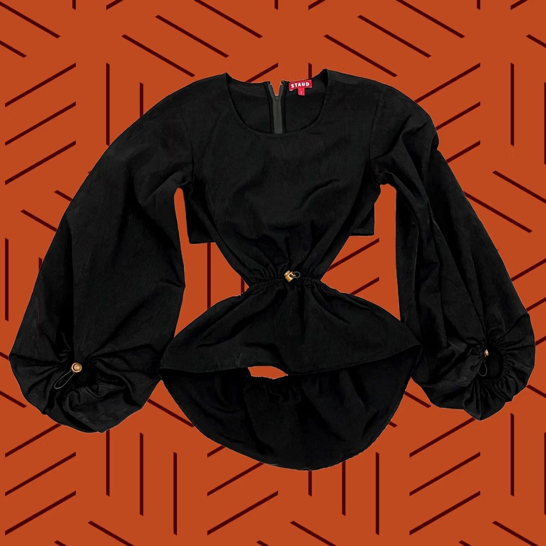 Staud Staud Ivy Top Womens S Black Wood Grain Peplum Cut Out Festival Avantgarde Shirt Regular Womens Black Ivy Top S Size S / US 4 / IT 40 - 1 Thumbnail