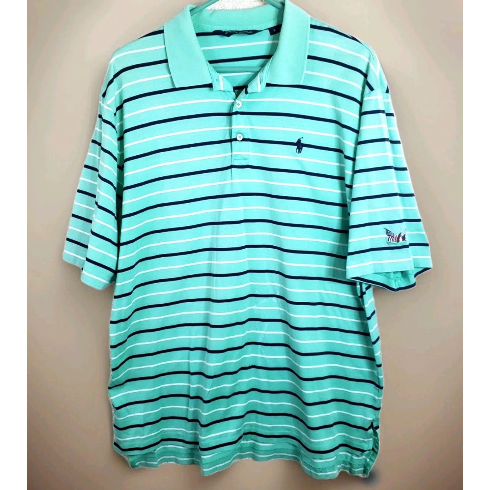 Vintage Polo Golf Shirt Mens L Teal Green Striped Polo Shirt SS Polo Shirt Embroidered Logo Golf Size US L / EU 52-54 / 3 - 2 Thumbnail