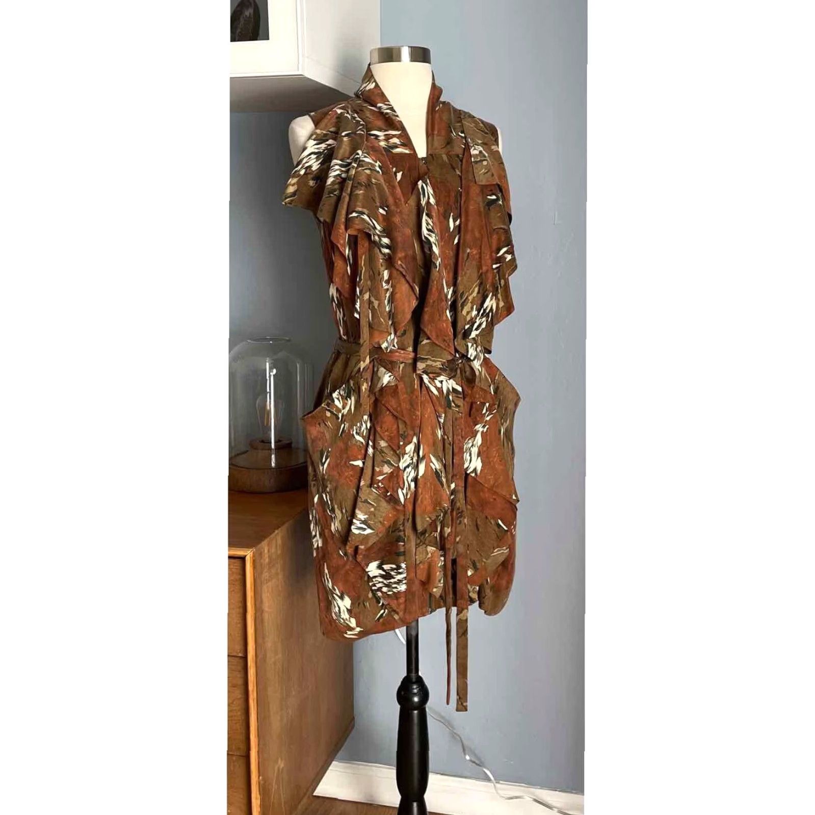 Vintage EDUN Silk Marbled Brown Green Ruffle Overlay Dress Size S Button Front Sleeveless Zip Party/Cocktail Womens Size S / US 4 / IT 40 - 2 Thumbnail