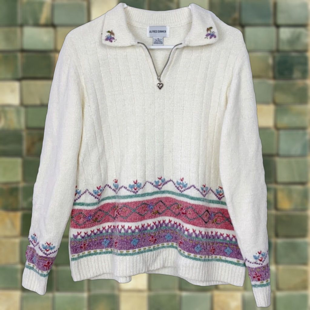 Vintage Vintage Alfred Dunner Quarter Zip Floral Pastel Chenille Sweater Womens S Size S / US 4 / IT 40 - 1 Thumbnail