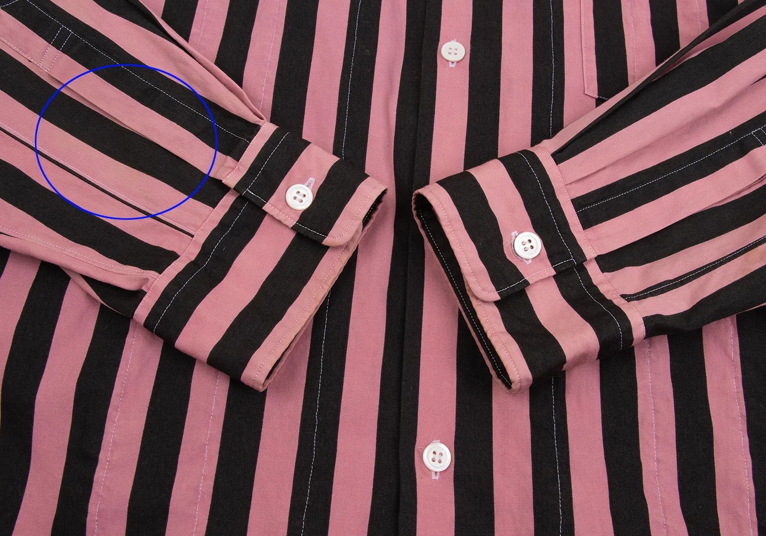 Comme des Garcons Homme Plus Bold Stripe Frill Detail Shirt in Pink and Black, Size M Size US M / EU 48-50 / 2 - 8 Thumbnail