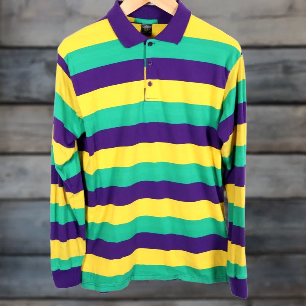 Vintage NOLA Polo Shirt Striped Long Sleeve Rugby NOLA Men Large Yellow Purple Striped Mardi Gras Vintage Size US L / EU 52-54 / 3 - 1 Thumbnail