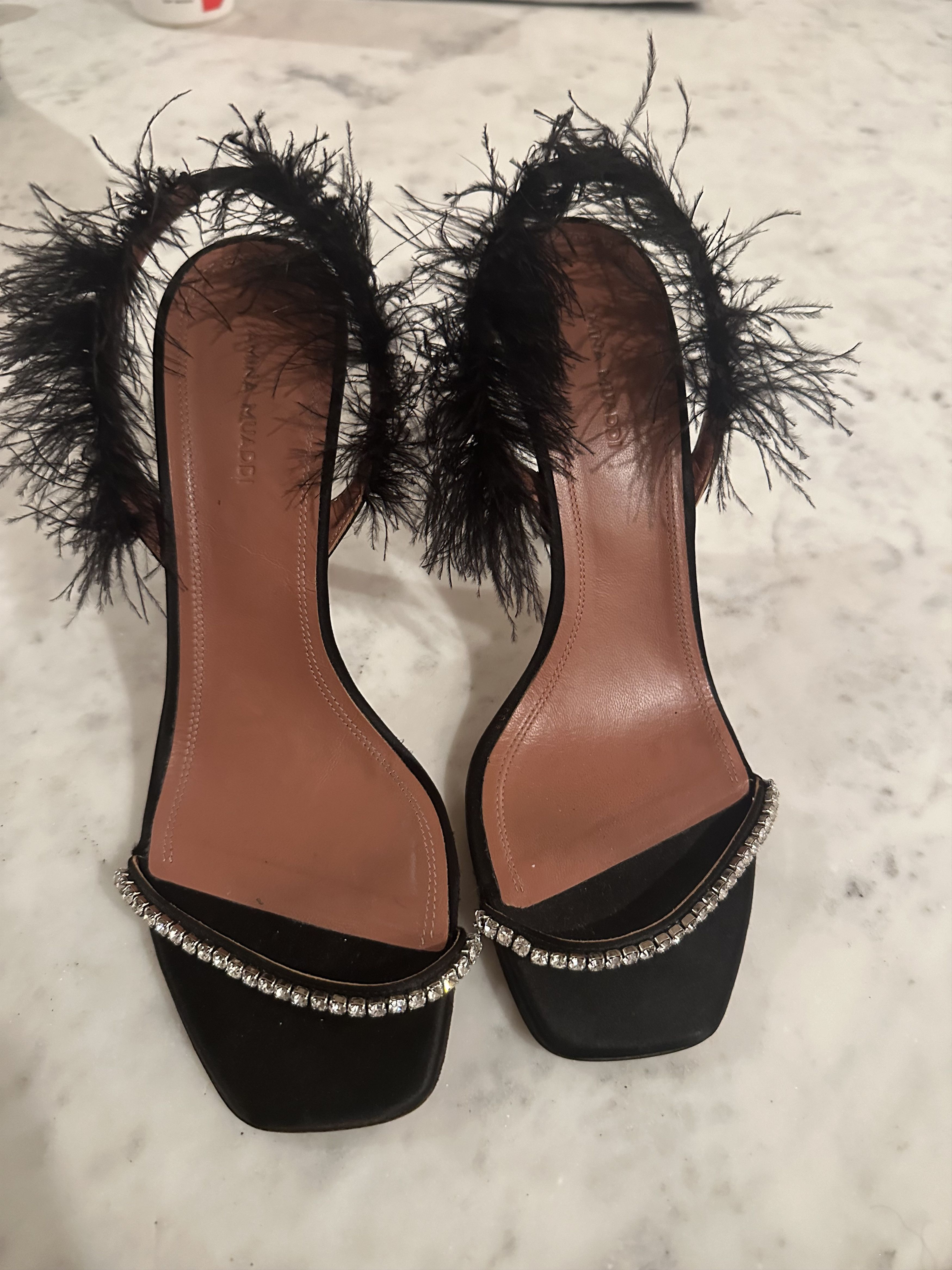 image of New Never Worn Amina Muaddi Adwoa Satin Slingback Pumps Shoes in Black, Women's (Size 9)