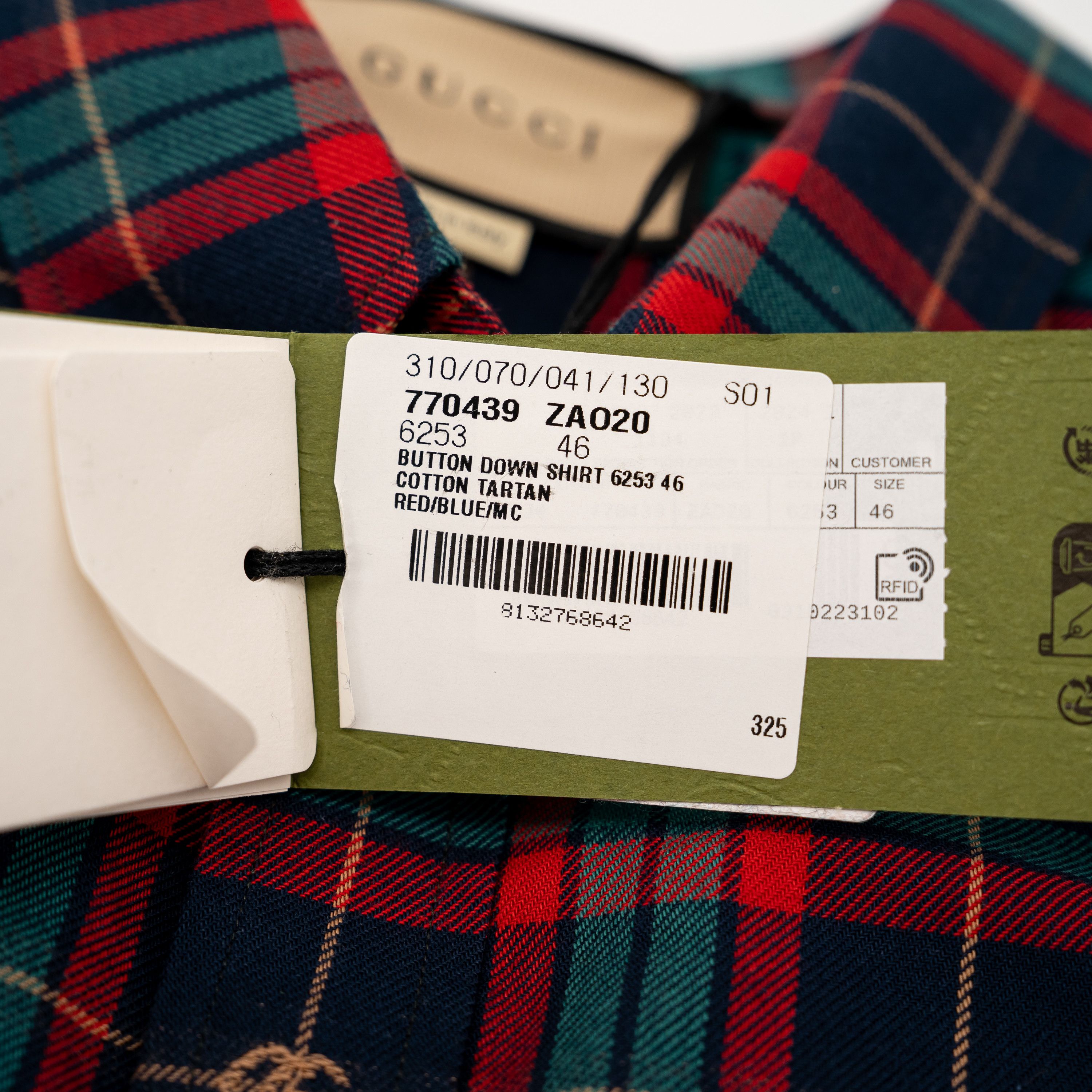 46 S Gucci Tartan GG Plaid Long Sleeve Shirt Green Blue