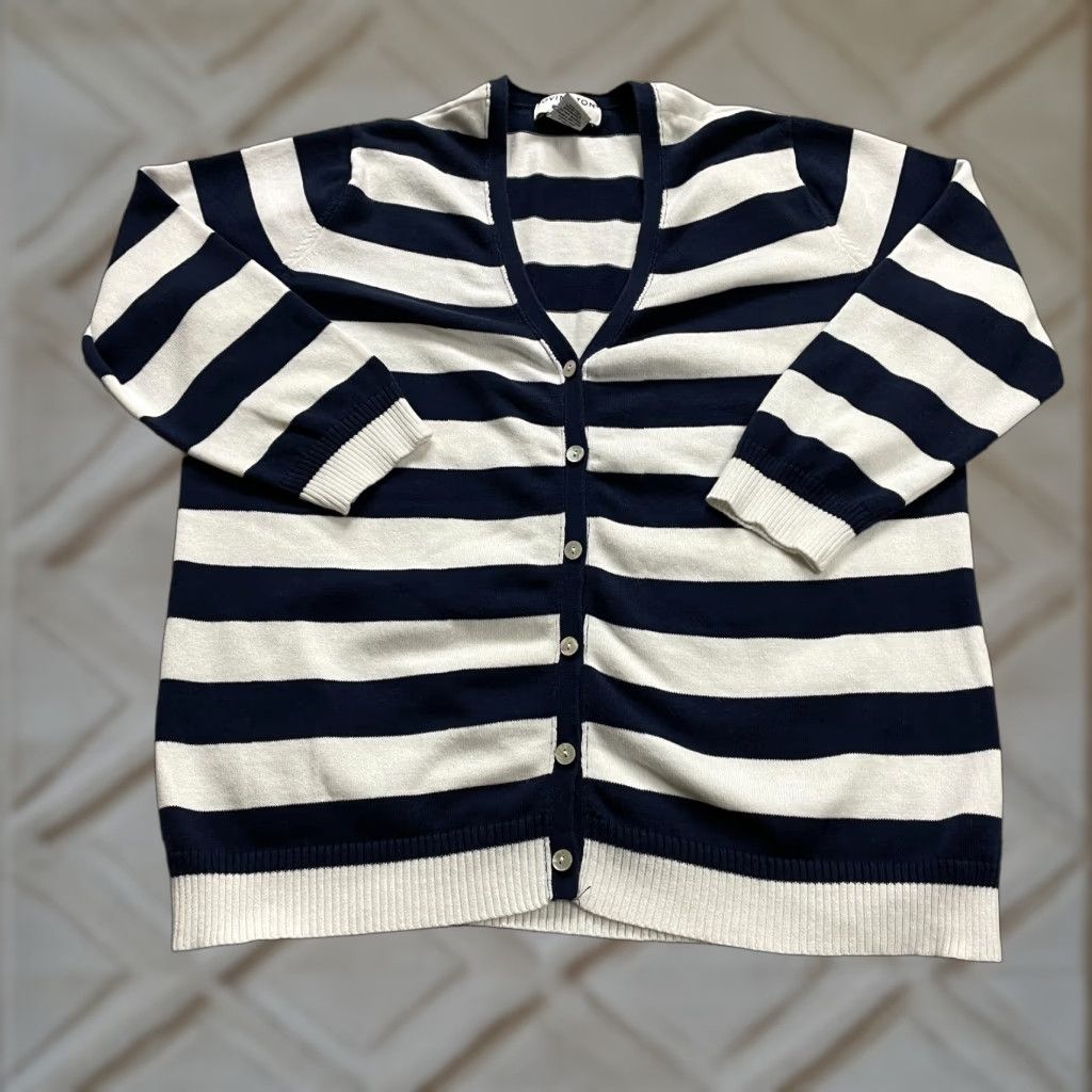 Vintage Covington Cardigan Sweater Womens Large Blue Striped V-Neck Button Knit All Seasons Size L / US 10 / IT 46 - 1 Thumbnail