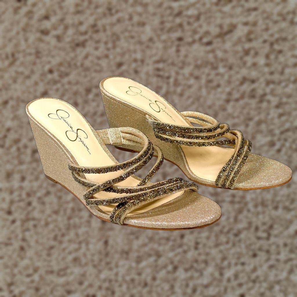Jessica Simpson Jessica Simpson Colley Womens Sandal M Beige 9.5 High Wedge Glitter Bling 90s? Size US 10 / IT 40 - 1 Thumbnail