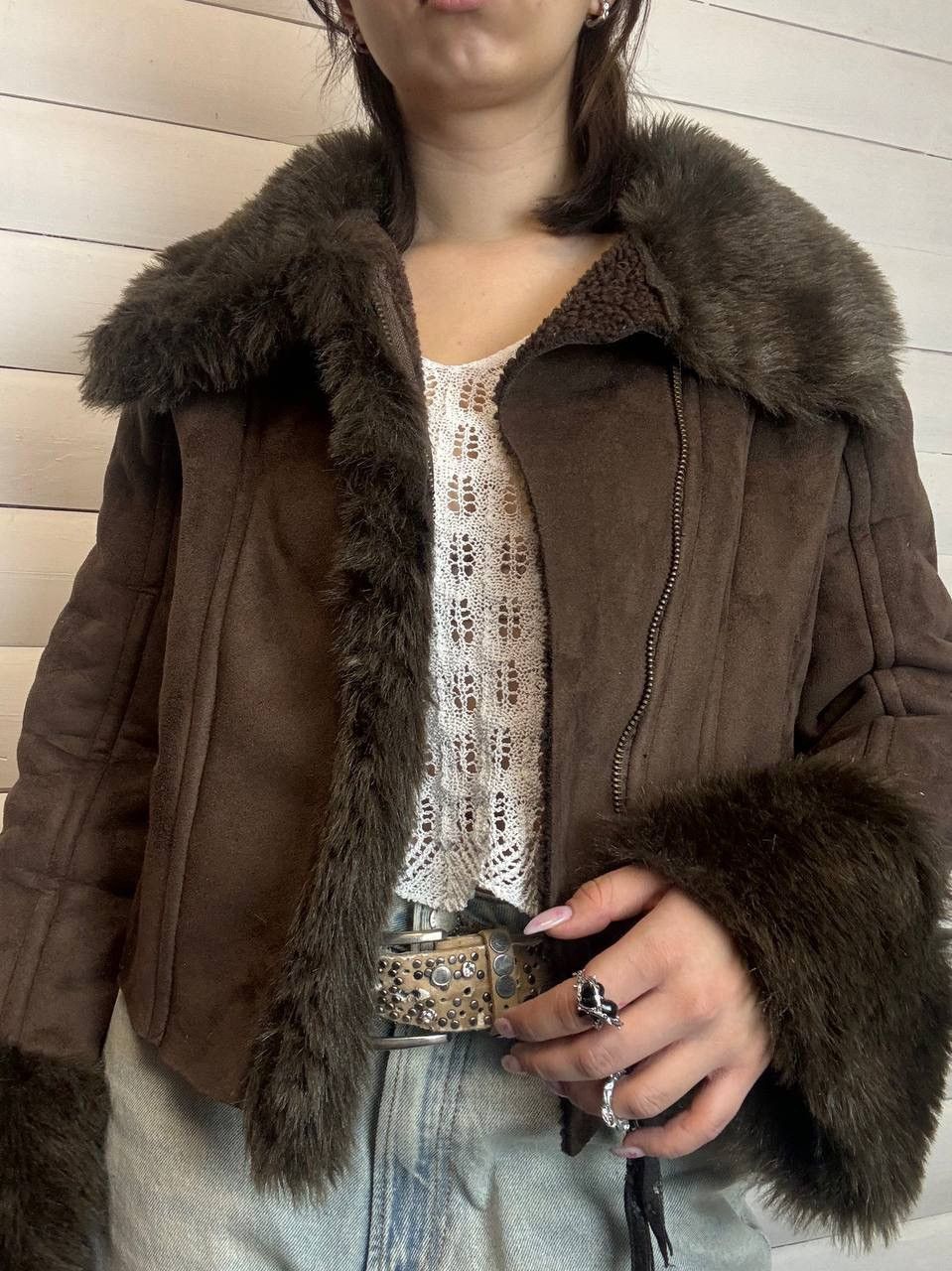 If Six Was Nine × Vintage Vintage Y 2K Suede Leather Style Fur Faux Collar Sleeve Jack Size L / US 10 / IT 46 - 2 Thumbnail