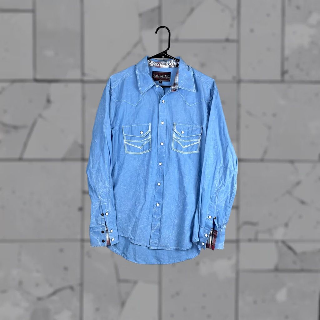 Vintage Rock & Roll Cowboy Shirt Men M Blue Solid Long Sleeve Snap Button Western Shirt Size US M / EU 48-50 / 2 - 1 Thumbnail