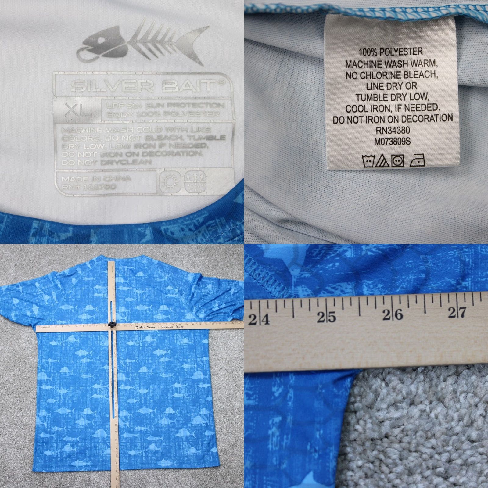 Vintage Silver Bait Mens XL Blue Fish All Over Print S/S Button-Up Shirt UPF 50+ Polyester Bait Sportsman Shirt Geometric Pattern Casual Size US XL / EU 56 / 4 - 8 Thumbnail