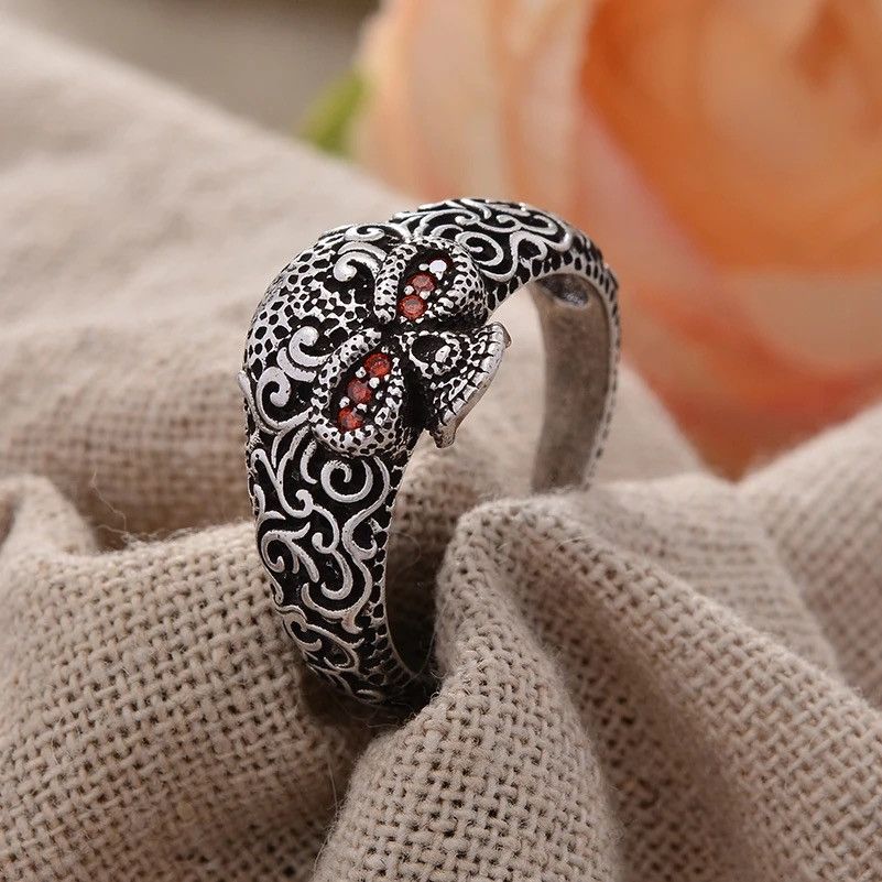 Jewelry Carved Flower Skeleton Head Ring Size ONE SIZE - 5 Thumbnail