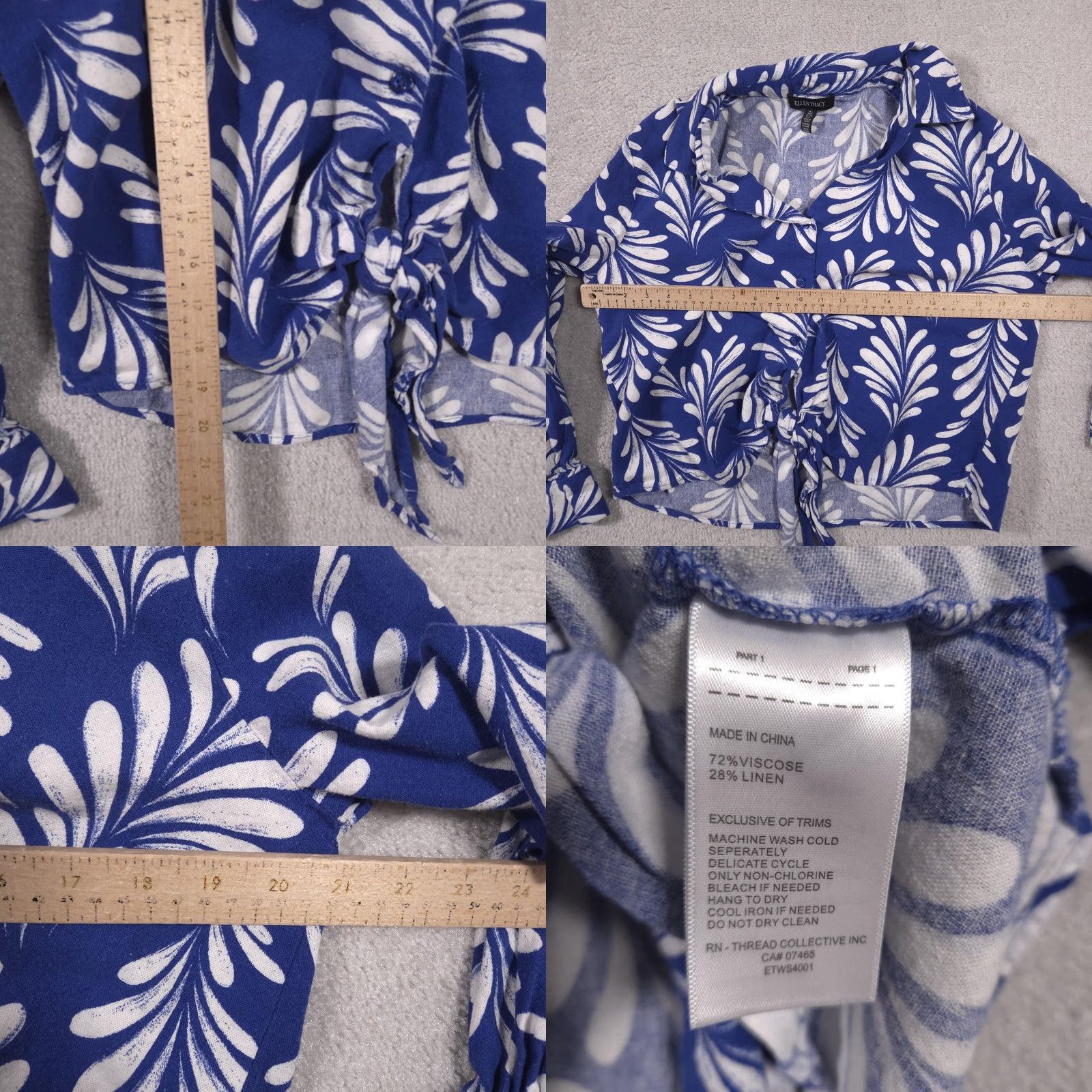 Ellen Tracy Ellen Tracy Blouse Womens Large Blue White Leaf Print Tie Front Linen Top Size L / US 10 / IT 46 - 8 Thumbnail