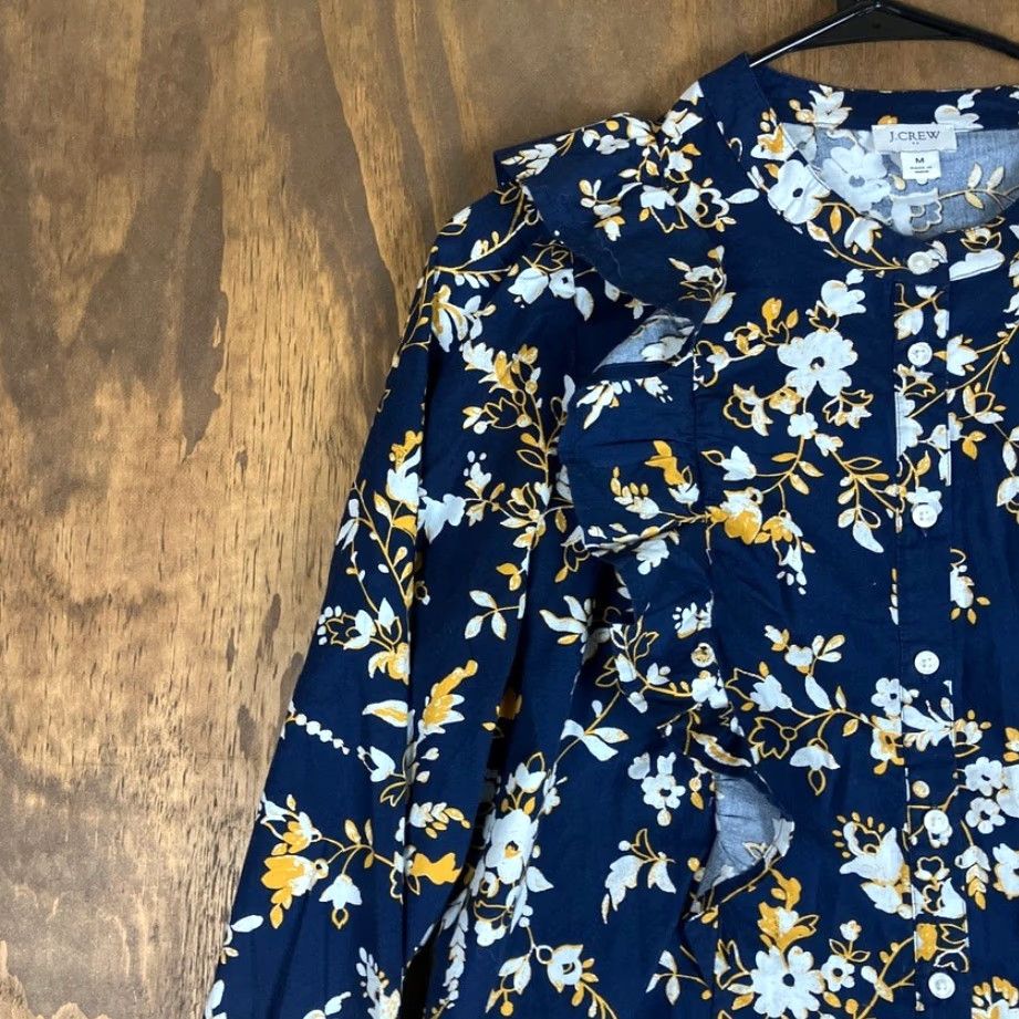 J.Crew J. Crew Blouse Womens Blue Multicolored Floral Ruffle Button Down Long Sleeve M Shirt Size M / US 6-8 / IT 42-44 - 4 Thumbnail